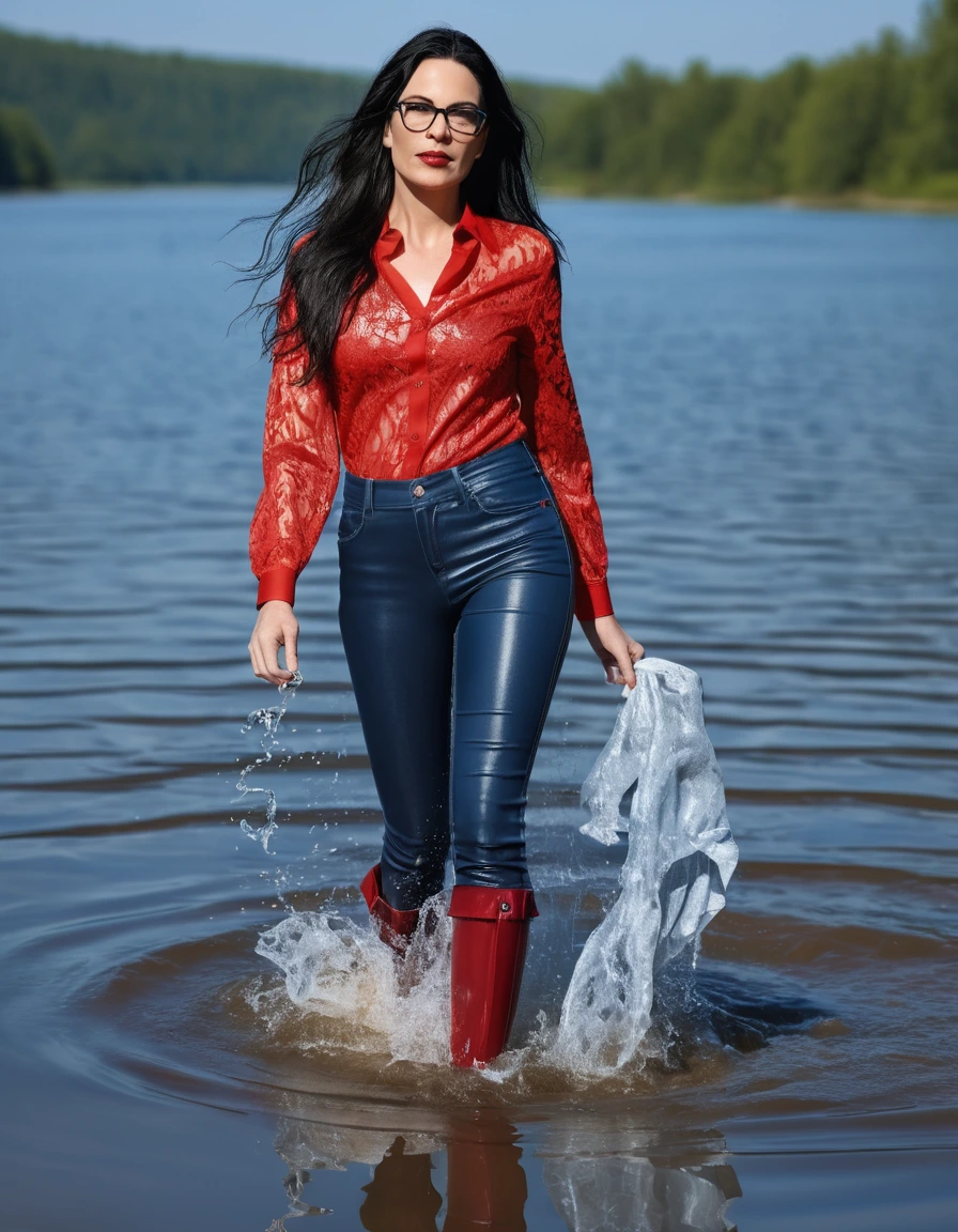 photo of young woman, in soaking wet, drenched clothes,
office shoes , long tight blue leather jeans shinning, red lace satin shirt with long sleeves, walking submerged in sunny lake, 
enjoying, wet clothes stuck to body,
detailed textures of the wet clothes, wet face, wet plastered hair,
wet, drenched, professional, high-quality details, full body view.
sharp focus, ultra-high pixel detail, realistic, high-quality, full colors, incredibly detailed, 4k, 8k, 16k, hyper-realistic, RAW photo, masterpiece, ultra-detailed, professionally color graded, professional photograph, woman 51 years old, long black hair, very big and thick lips, office glasses, complete body, open mouth, dry skin, dry clothes, dry fabric