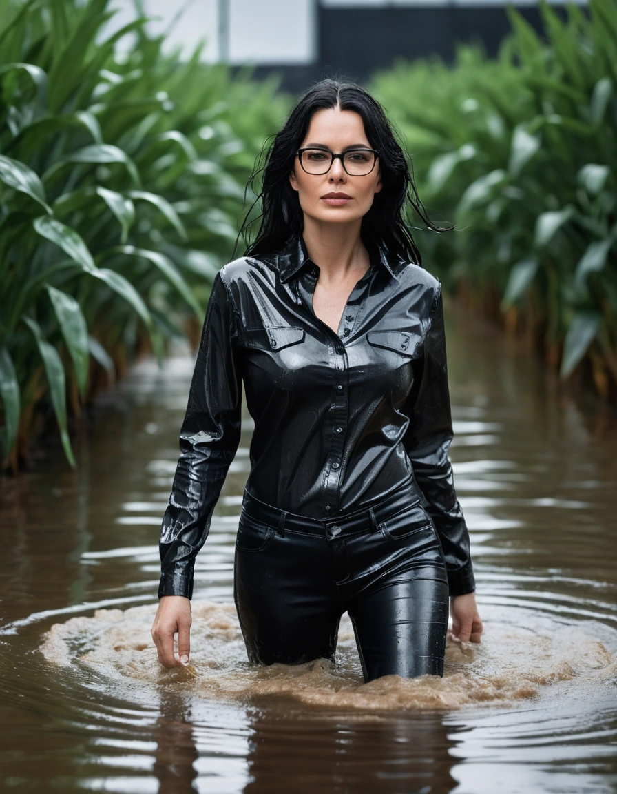 photo of young woman, in soaking wet, drenched clothes,
office shoes , long tight black leather jeans shinning, black leather shirt with long sleeves, walking in flooded plant, 
enjoying, wet clothes stuck to body,
detailed textures of the wet clothes, wet face, wet plastered hair,
wet, drenched, professional, high-quality details, full body view.
sharp focus, ultra-high pixel detail, realistic, high-quality, full colors, incredibly detailed, 4k, 8k, 16k, hyper-realistic, RAW photo, masterpiece, ultra-detailed, professionally color graded, professional photograph, woman 51 years old, long black hair, very big and thick lips, office glasses, complete body, open mouth, dry skin, dry clothes, dry fabric