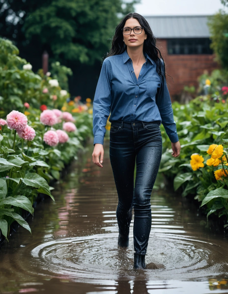 photo of young woman, in soaking wet, drenched clothes,
office shoes , long tight blue jeans shinning, black jeans shirt with long sleeves, walking in flooded flower garden, 
enjoying, wet clothes stuck to body,
detailed textures of the wet clothes, wet face, wet plastered hair,
wet, drenched, professional, high-quality details, full body view.
sharp focus, ultra-high pixel detail, realistic, high-quality, full colors, incredibly detailed, 4k, 8k, 16k, hyper-realistic, RAW photo, masterpiece, ultra-detailed, professionally color graded, professional photograph, woman 51 years old, long black hair, very big and thick lips, office glasses, complete body, open mouth,, dry skin, dry clothes, dry fabric