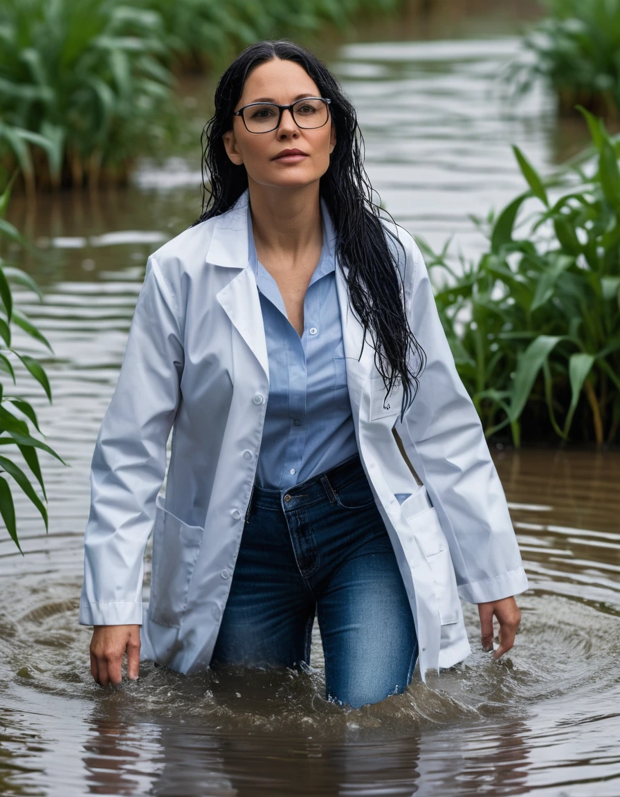 photo of young woman, in soaking wet, drenched clothes,
office shoes , long blue jeans shinning, white labcoat with long sleeves, walking submerged in flooded plant, 
enjoying, wet clothes stuck to body,
detailed textures of the wet clothes, wet face, wet plastered hair,
wet, drenched, professional, high-quality details, full body view.
sharp focus, ultra-high pixel detail, realistic, high-quality, full colors, incredibly detailed, 4k, 8k, 16k, hyper-realistic, RAW photo, masterpiece, ultra-detailed, professionally color graded, professional photograph, woman 51 years old, long black hair, very big and thick lips, office glasses, complete body, open mouth,, dry skin, dry clothes, dry fabric