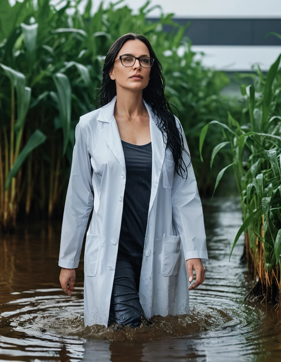 photo of young woman, in soaking wet, drenched clothes,
office shoes , white midi labcoat with long sleeves, white midi labcoat with long sleeves, walking complete submerged in deep flooded plant, 
enjoying, wet clothes stuck to body,
detailed textures of the wet clothes, wet face, wet plastered hair,
wet, drenched, professional, high-quality details, full body view.
sharp focus, ultra-high pixel detail, realistic, high-quality, full colors, incredibly detailed, 4k, 8k, 16k, hyper-realistic, RAW photo, masterpiece, ultra-detailed, professionally color graded, professional photograph, woman 51 years old, long black hair, very big and thick lips, office glasses, complete body, open mouth,, dry skin, dry clothes, dry fabric