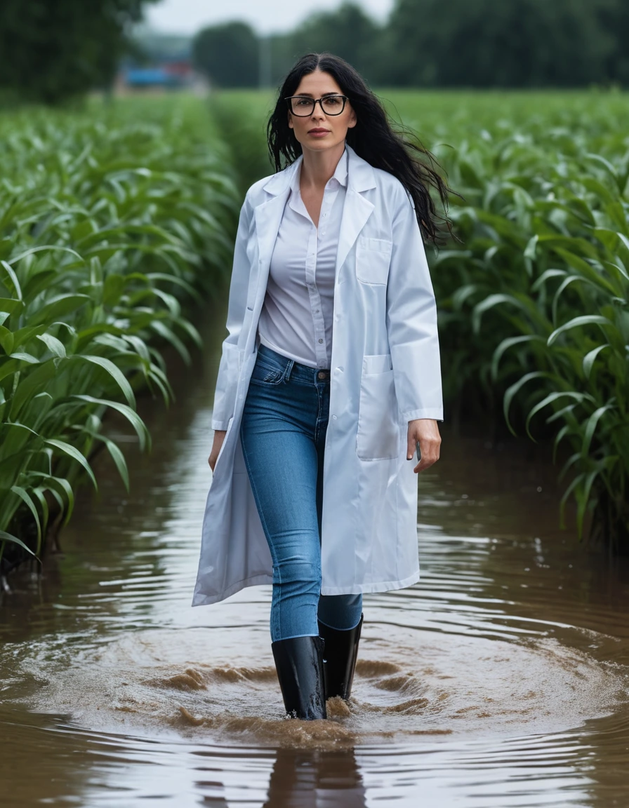 photo of young woman, in soaking wet, drenched clothes,
office shoes , long tight blue jeans shinning, white midi labcoat with long sleeves, walking in flooded plant, 
enjoying, wet clothes stuck to body,
detailed textures of the wet clothes, wet face, wet plastered hair,
wet, drenched, professional, high-quality details, full body view.
sharp focus, ultra-high pixel detail, realistic, high-quality, full colors, incredibly detailed, 4k, 8k, 16k, hyper-realistic, RAW photo, masterpiece, ultra-detailed, professionally color graded, professional photograph, woman 51 years old, long black hair, very big and thick lips, office glasses, complete body, open mouth,, dry skin, dry clothes, dry fabric