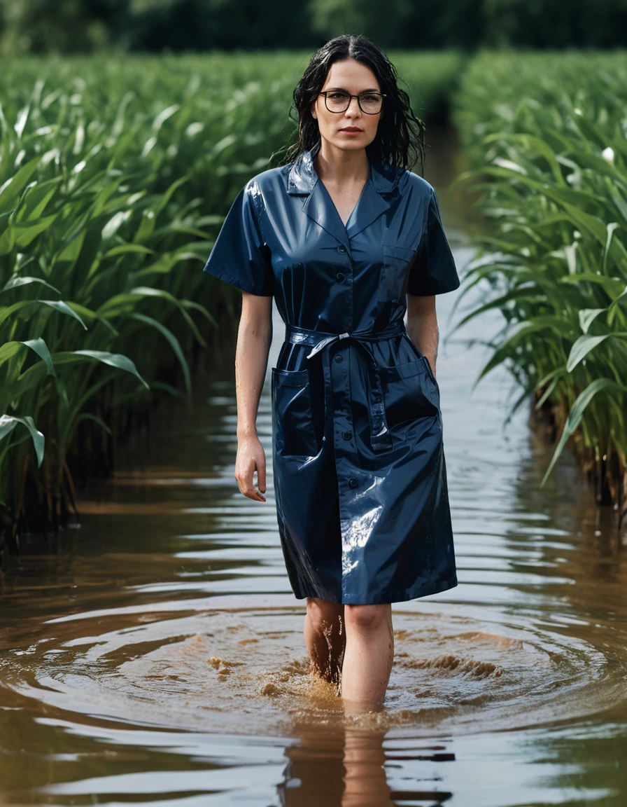 photo of young woman, in soaking wet, drenched clothes,
office shoes , dark blue midi labcoat with short sleeves, dark blue midi labcoat with short sleeves, walking submerged in flooded plant, 
enjoying, wet clothes stuck to body,
detailed textures of the wet clothes, wet face, wet plastered hair,
wet, drenched, professional, high-quality details, full body view.
sharp focus, ultra-high pixel detail, realistic, high-quality, full colors, incredibly detailed, 4k, 8k, 16k, hyper-realistic, RAW photo, masterpiece, ultra-detailed, professionally color graded, professional photograph, woman 51 years old, long black hair, very big and thick lips, office glasses, complete body, open mouth, dry skin, dry clothes, dry fabric