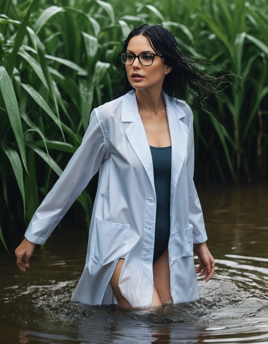 photo of young woman, in soaking wet, drenched clothes,
office shoes , white midi labcoat with long sleeves, white midi labcoat with long sleeves, walking complete submerged in deep flooded plant, 
enjoying, wet clothes stuck to body,
detailed textures of the wet clothes, wet face, wet plastered hair,
wet, drenched, professional, high-quality details, full body view.
sharp focus, ultra-high pixel detail, realistic, high-quality, full colors, incredibly detailed, 4k, 8k, 16k, hyper-realistic, RAW photo, masterpiece, ultra-detailed, professionally color graded, professional photograph, woman 51 years old, long black hair, very big and thick lips, office glasses, complete body, open mouth,, dry skin, dry clothes, dry fabric