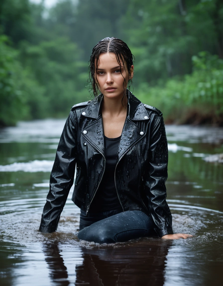 photo of young woman, in soaking wet, drenched clothes,
Black leather ankle boots, soaked and glistening , skin tight black leather jeans, saturated, black long sleeve leather shirt, black bikers leather jacket , snow covered forest, lying sbmerged in a river, head and sholders above the water, drenched, close up, 
enjoying, wet clothes stuck to body,
detailed textures of the wet clothes, wet face, wet plastered hair,
wet, drenched, professional, high-quality details, full body view.
sharp focus, ultra-high pixel detail, realistic, high-quality, full colors, incredibly detailed, 4k, 8k, 16k, hyper-realistic, RAW photo, masterpiece, ultra-detailed, professionally color graded, professional photograph, intense wind-driven rain, hyper-realistic water droplets, cinematic rim lighting, fabric transparency, high-fashion editorial aesthetic, drenched hair, dry skin, dry clothes, dry fabric