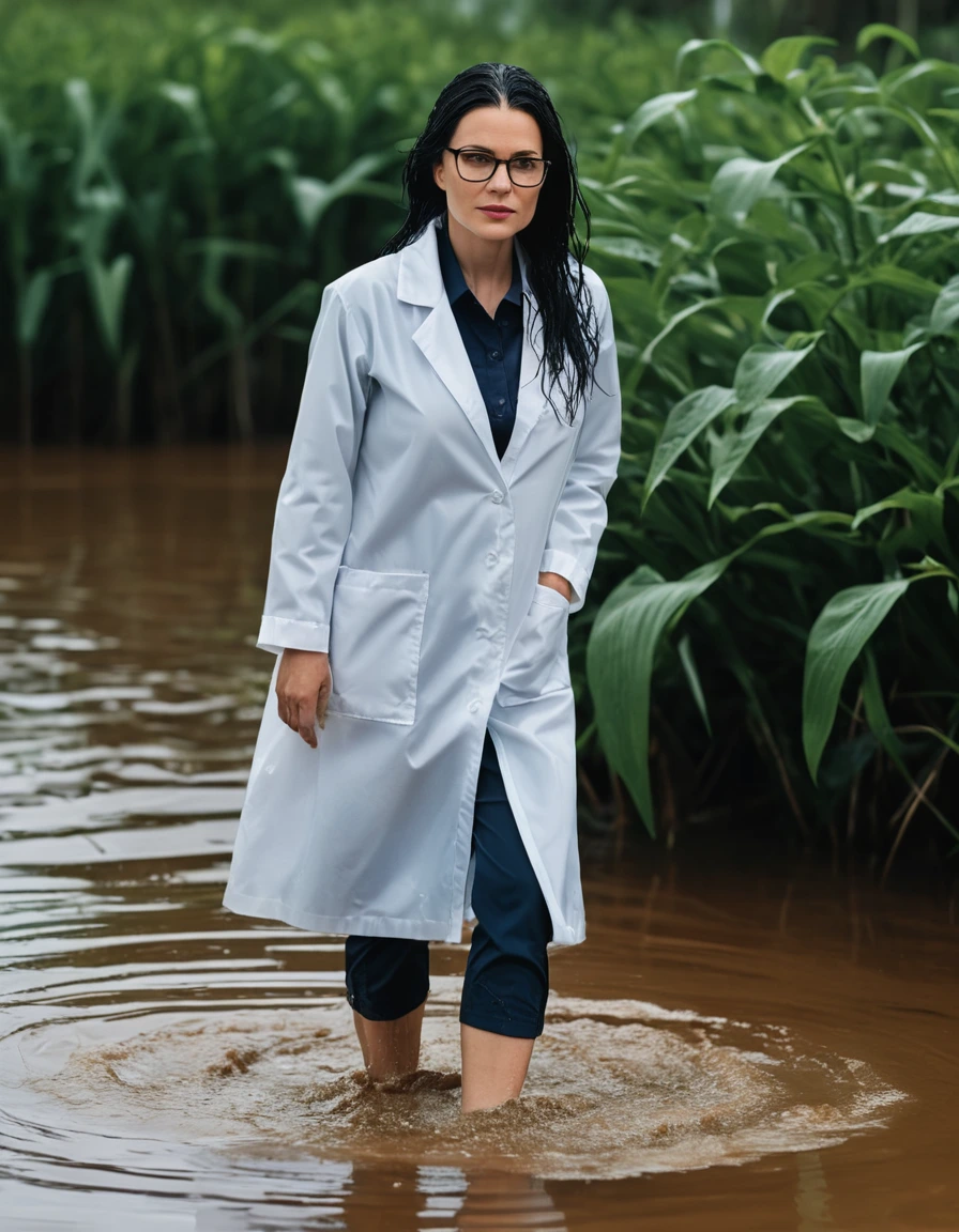 photo of young woman, in soaking wet, drenched clothes,
office shoes , white midi labcoat with long sleeves, white midi labcoat with long sleeves, walking complete submerged in deep flooded plant under hard, 
enjoying, wet clothes stuck to body,
detailed textures of the wet clothes, wet face, wet plastered hair,
wet, drenched, professional, high-quality details, full body view.
sharp focus, ultra-high pixel detail, realistic, high-quality, full colors, incredibly detailed, 4k, 8k, 16k, hyper-realistic, RAW photo, masterpiece, ultra-detailed, professionally color graded, professional photograph, woman 51 years old, long black hair, very big and thick lips, office glasses, complete body, open mouth,, dry skin, dry clothes, dry fabric, dry skin, dry clothes, dry fabric