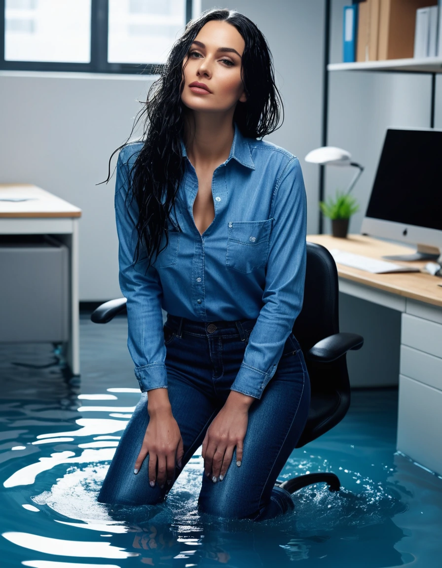 photo of young woman, in soaking wet, drenched clothes,
office shoes , long tight blue jeans shinning, blue jeans shirt with long sleeves, in flooded office room on the swivel chair. Half meter water level in the office, 
enjoying, wet clothes stuck to body,
detailed textures of the wet clothes, wet face, wet plastered hair,
wet, drenched, professional, high-quality details, full body view.
sharp focus, ultra-high pixel detail, realistic, high-quality, full colors, incredibly detailed, 4k, 8k, 16k, hyper-realistic, RAW photo, masterpiece, ultra-detailed, professionally color graded, professional photograph, woman 51 years old, long black hair, very big and thick lips, office glasses, complete body, open mouth, dry skin, dry clothes, dry fabric