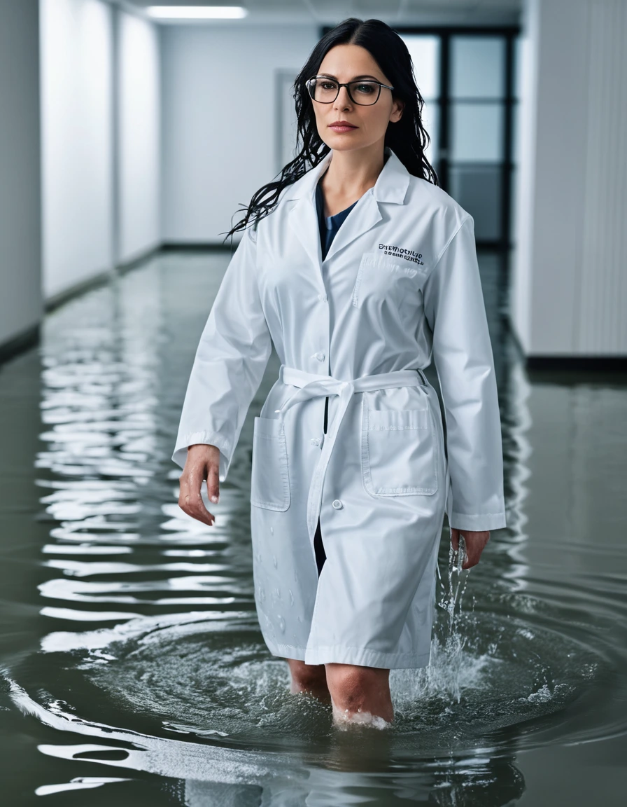 photo of young woman, in soaking wet, drenched clothes,
office shoes , white midi labcoat with long sleeves, white midi labcoat with long sleeves, walking complete submerged in flooded laboratory, 
enjoying, wet clothes stuck to body,
detailed textures of the wet clothes, wet face, wet plastered hair,
wet, drenched, professional, high-quality details, full body view.
sharp focus, ultra-high pixel detail, realistic, high-quality, full colors, incredibly detailed, 4k, 8k, 16k, hyper-realistic, RAW photo, masterpiece, ultra-detailed, professionally color graded, professional photograph, woman 51 years old, long black hair, very big and thick lips, office glasses, complete body, open mouth,,, dry skin, dry clothes, dry fabric