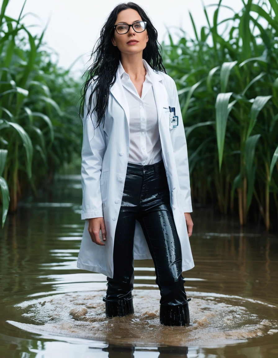 photo of young woman, in soaking wet, drenched clothes,
office shoes , long black latex jeans shinning, white labcoat with long sleeves, walking submerged in flooded plant, 
enjoying, wet clothes stuck to body,
detailed textures of the wet clothes, wet face, wet plastered hair,
wet, drenched, professional, high-quality details, full body view.
sharp focus, ultra-high pixel detail, realistic, high-quality, full colors, incredibly detailed, 4k, 8k, 16k, hyper-realistic, RAW photo, masterpiece, ultra-detailed, professionally color graded, professional photograph, woman 51 years old, long black hair, very big and thick lips, office glasses, complete body, open mouth,, dry skin, dry clothes, dry fabric