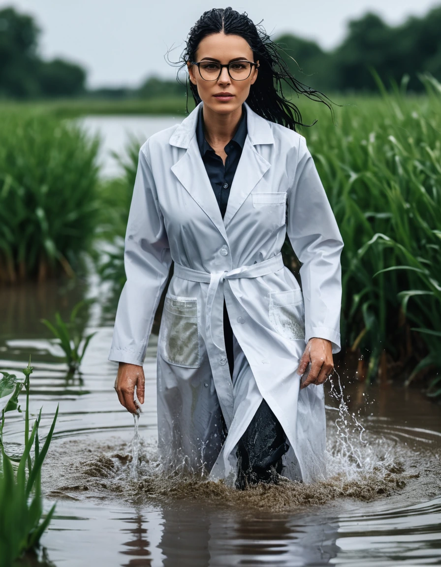 photo of young woman, in soaking wet, drenched clothes,
office shoes , white midi labcoat with long sleeves, white midi labcoat with long sleeves, walking complete submerged in deep flooded plant under hard, 
enjoying, wet clothes stuck to body,
detailed textures of the wet clothes, wet face, wet plastered hair,
wet, drenched, professional, high-quality details, full body view.
sharp focus, ultra-high pixel detail, realistic, high-quality, full colors, incredibly detailed, 4k, 8k, 16k, hyper-realistic, RAW photo, masterpiece, ultra-detailed, professionally color graded, professional photograph, woman 51 years old, long black hair, very big and thick lips, office glasses, complete body, open mouth,,, dry skin, dry clothes, dry fabric