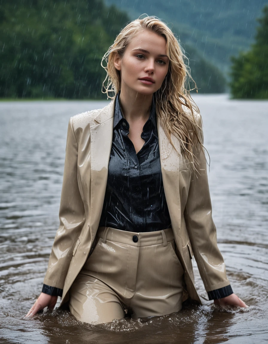 photo of young woman, in soaking wet, drenched clothes,
Beige Long Business Trouser, Beige Business Suit Jacket with Black button down business shirt longsleeve, Clear Mountain lake with heavy rain, 
enjoying, wet clothes stuck to body,
detailed textures of the wet clothes, wet face, wet plastered hair,
wet, drenched, professional, high-quality details, full body view.
sharp focus, ultra-high pixel detail, realistic, high-quality, full colors, incredibly detailed, 4k, 8k, 16k, hyper-realistic, RAW photo, masterpiece, ultra-detailed, professionally color graded, professional photograph, young elegant beautiful white Blonde women, breast deep submerged, under a big rainshower, fully clothed, completely soaked, fully drenched, completely wet, wetlook, heavy rain, side parting, long hair, rain storm, looks confidently into camera, dry skin, dry clothes, dry fabric