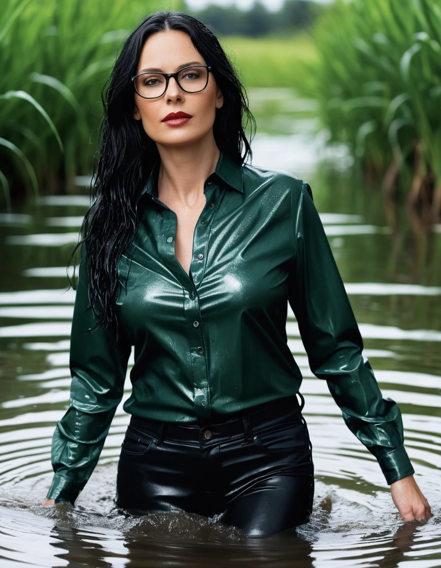 photo of young woman, in soaking wet, drenched clothes,
office shoes , long tight black leather jeans shinning, dark green satin shirt with long sleeves, walking in sunny flooded plant, 
enjoying, wet clothes stuck to body,
detailed textures of the wet clothes, wet face, wet plastered hair,
wet, drenched, professional, high-quality details, full body view.
sharp focus, ultra-high pixel detail, realistic, high-quality, full colors, incredibly detailed, 4k, 8k, 16k, hyper-realistic, RAW photo, masterpiece, ultra-detailed, professionally color graded, professional photograph, woman 51 years old, long black hair, very big and thick lips, office glasses, complete body, open mouth,, dry skin, dry clothes, dry fabric