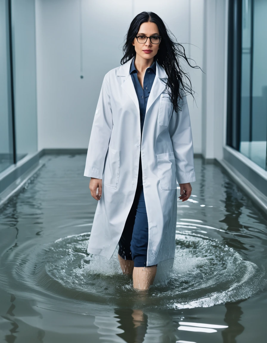 photo of young woman, in soaking wet, drenched clothes,
office shoes , white midi labcoat with long sleeves, white midi labcoat with long sleeves, walking complete submerged in flooded laboratory, 
enjoying, wet clothes stuck to body,
detailed textures of the wet clothes, wet face, wet plastered hair,
wet, drenched, professional, high-quality details, full body view.
sharp focus, ultra-high pixel detail, realistic, high-quality, full colors, incredibly detailed, 4k, 8k, 16k, hyper-realistic, RAW photo, masterpiece, ultra-detailed, professionally color graded, professional photograph, woman 51 years old, long black hair, very big and thick lips, office glasses, complete body, open mouth,, dry skin, dry clothes, dry fabric