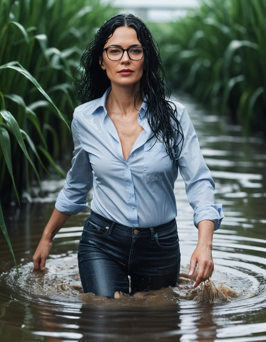 photo of young woman, in soaking wet, drenched clothes,
office shoes , long tight blue jeans shinning, black jeans shirt with long sleeves, walking in flooded plant, 
enjoying, wet clothes stuck to body,
detailed textures of the wet clothes, wet face, wet plastered hair,
wet, drenched, professional, high-quality details, full body view.
sharp focus, ultra-high pixel detail, realistic, high-quality, full colors, incredibly detailed, 4k, 8k, 16k, hyper-realistic, RAW photo, masterpiece, ultra-detailed, professionally color graded, professional photograph, woman 51 years old, long black hair, very big and thick lips, office glasses, complete body, open mouth,, dry skin, dry clothes, dry fabric