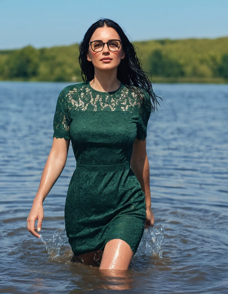 photo of young woman, in soaking wet, drenched clothes,
office shoes , tight midi dark green lace t-shirt dress with short sleeves, tight midi dark green lace t-shirt dress with short sleeves, walking submerged in sunny lake, 
enjoying, wet clothes stuck to body,
detailed textures of the wet clothes, wet face, wet plastered hair,
wet, drenched, professional, high-quality details, full body view.
sharp focus, ultra-high pixel detail, realistic, high-quality, full colors, incredibly detailed, 4k, 8k, 16k, hyper-realistic, RAW photo, masterpiece, ultra-detailed, professionally color graded, professional photograph, woman 51 years old, long black hair, very big and thick lips, office glasses, complete body, open mouth, dry skin, dry clothes, dry fabric