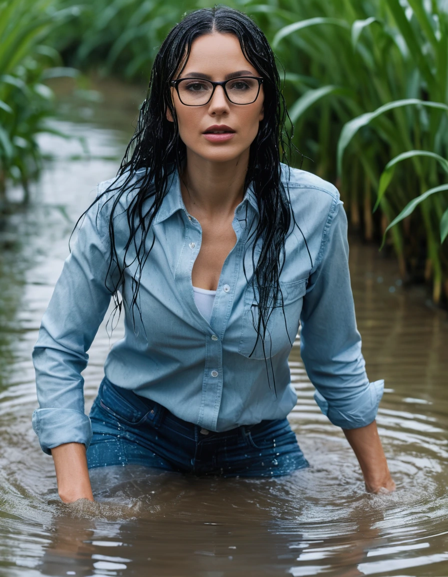 photo of young woman, in soaking wet, drenched clothes,
office shoes , long tight light blue jeans shinning, light blue jeans shirt with long sleeves, walking in flooded plant, 
enjoying, wet clothes stuck to body,
detailed textures of the wet clothes, wet face, wet plastered hair,
wet, drenched, professional, high-quality details, full body view.
sharp focus, ultra-high pixel detail, realistic, high-quality, full colors, incredibly detailed, 4k, 8k, 16k, hyper-realistic, RAW photo, masterpiece, ultra-detailed, professionally color graded, professional photograph, woman 51 years old, long black hair, very big and thick lips, office glasses, complete body, open mouth,, dry skin, dry clothes, dry fabric