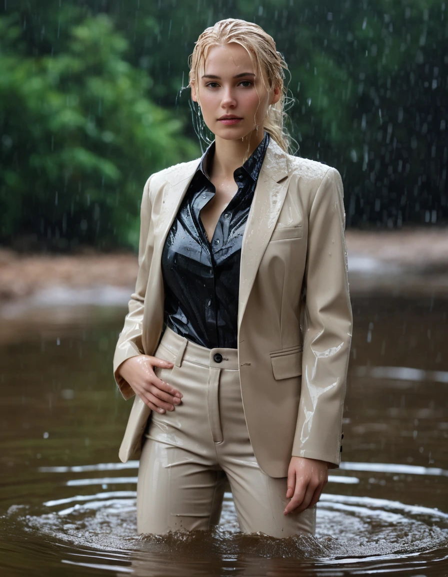 photo of young woman, in soaking wet, drenched clothes,
Beige Long Business Trouser, Beige Business Suit Jacket with Black button down business shirt longsleeve, Clear Mountain lake with heavy rain, 
enjoying, wet clothes stuck to body,
detailed textures of the wet clothes, wet face, wet plastered hair,
wet, drenched, professional, high-quality details, full body view.
sharp focus, ultra-high pixel detail, realistic, high-quality, full colors, incredibly detailed, 4k, 8k, 16k, hyper-realistic, RAW photo, masterpiece, ultra-detailed, professionally color graded, professional photograph, young elegant beautiful white Blonde women, breast deep submerged, under a big rainshower, fully clothed, completely soaked, fully drenched, completely wet, wetlook, heavy rain, side parting, long hair, rain storm, looks confidently into camera, dry skin, dry clothes, dry fabric