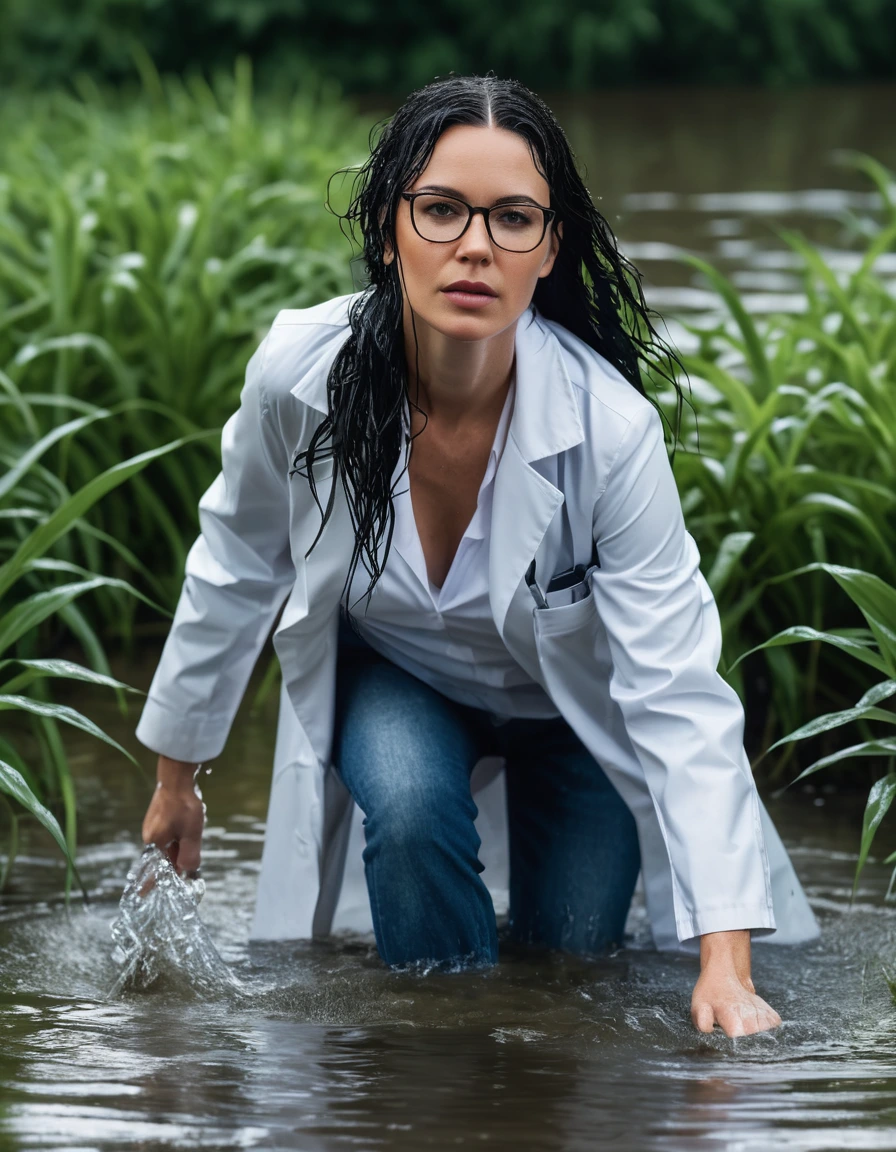 photo of young woman, in soaking wet, drenched clothes,
office shoes , long blue jeans shinning, white labcoat with long sleeves, walking submerged in flooded plant, 
enjoying, wet clothes stuck to body,
detailed textures of the wet clothes, wet face, wet plastered hair,
wet, drenched, professional, high-quality details, full body view.
sharp focus, ultra-high pixel detail, realistic, high-quality, full colors, incredibly detailed, 4k, 8k, 16k, hyper-realistic, RAW photo, masterpiece, ultra-detailed, professionally color graded, professional photograph, woman 51 years old, long black hair, very big and thick lips, office glasses, complete body, open mouth,, dry skin, dry clothes, dry fabric