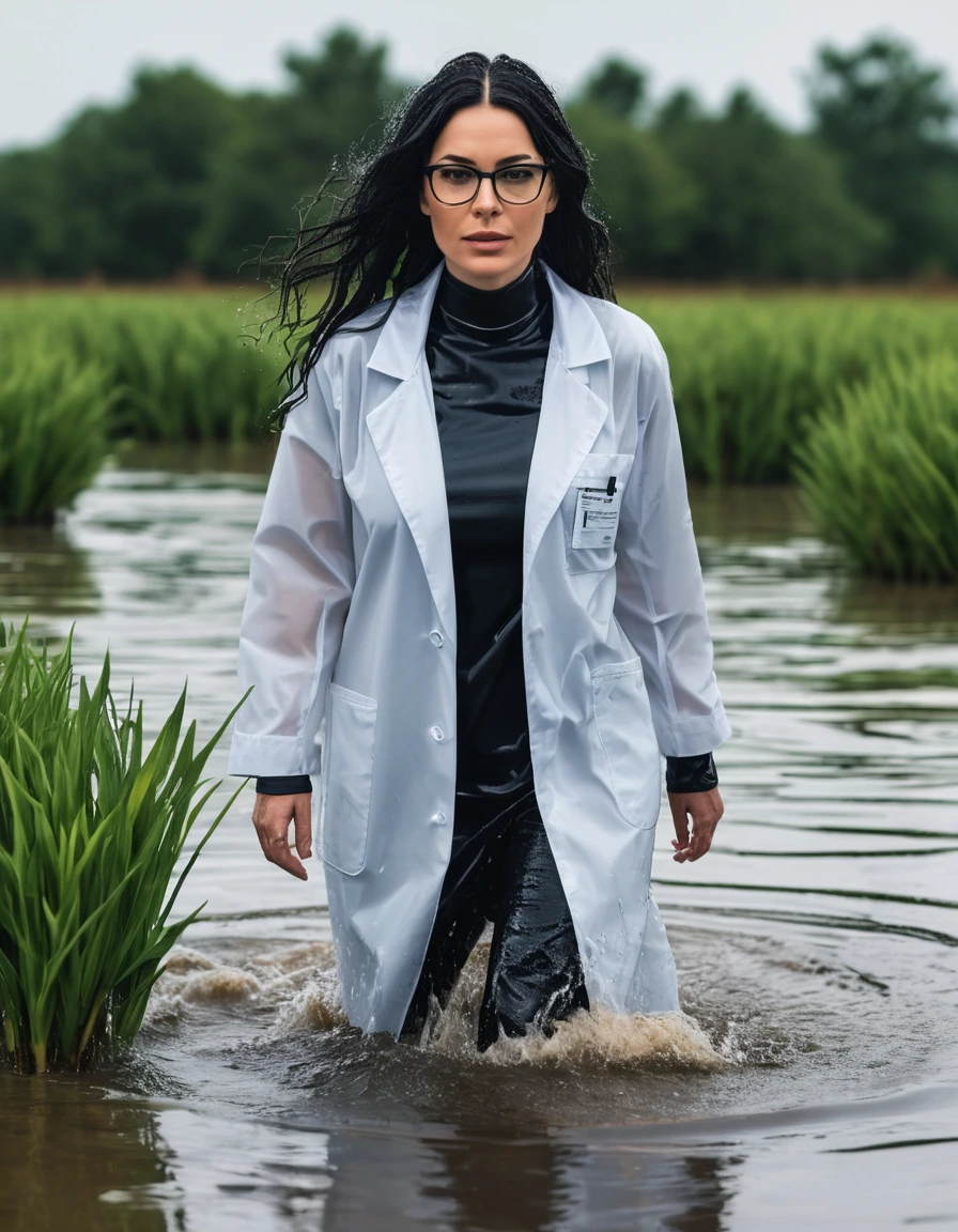 photo of young woman, in soaking wet, drenched clothes,
office shoes , white midi labcoat with long sleeves, white midi labcoat with long sleeves, walking submerged in flooded plant, 
enjoying, wet clothes stuck to body,
detailed textures of the wet clothes, wet face, wet plastered hair,
wet, drenched, professional, high-quality details, full body view.
sharp focus, ultra-high pixel detail, realistic, high-quality, full colors, incredibly detailed, 4k, 8k, 16k, hyper-realistic, RAW photo, masterpiece, ultra-detailed, professionally color graded, professional photograph, woman 51 years old, long black hair, very big and thick lips, office glasses, complete body, open mouth, dry skin, dry clothes, dry fabric