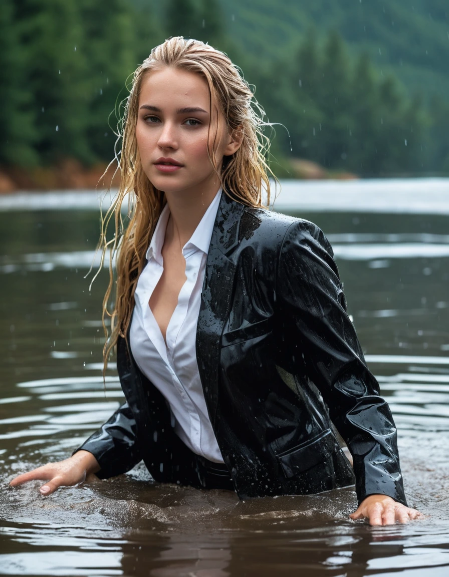 photo of young woman, in soaking wet, drenched clothes,
Black Long Business Trouser, Black Business Suit Jacket with Black button down business shirt longsleeve, Clear Mountain lake with heavy rain, 
enjoying, wet clothes stuck to body,
detailed textures of the wet clothes, wet face, wet plastered hair,
wet, drenched, professional, high-quality details, full body view.
sharp focus, ultra-high pixel detail, realistic, high-quality, full colors, incredibly detailed, 4k, 8k, 16k, hyper-realistic, RAW photo, masterpiece, ultra-detailed, professionally color graded, professional photograph, young elegant beautiful white Blonde women, breast deep submerged, under a big rainshower, fully clothed, completely soaked, fully drenched, completely wet, wetlook, heavy rain, side parting, long hair, rain storm, looks confidently into camera, dry skin, dry clothes, dry fabric