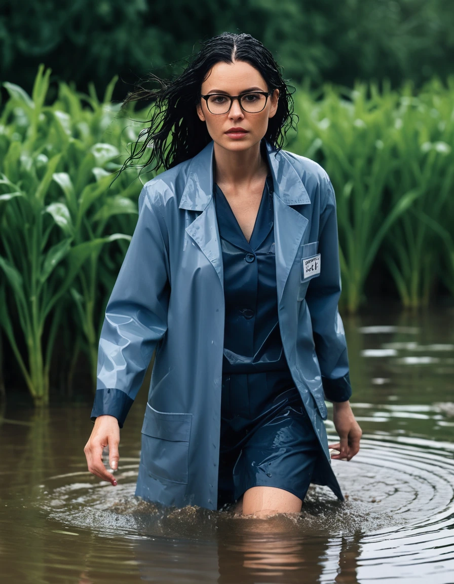 photo of young woman, in soaking wet, drenched clothes,
office shoes , tight dark blue midi labcoat with sleeves, tight dark blue midi labcoat with sleeves, walking submerged in flooded plant, 
enjoying, wet clothes stuck to body,
detailed textures of the wet clothes, wet face, wet plastered hair,
wet, drenched, professional, high-quality details, full body view.
sharp focus, ultra-high pixel detail, realistic, high-quality, full colors, incredibly detailed, 4k, 8k, 16k, hyper-realistic, RAW photo, masterpiece, ultra-detailed, professionally color graded, professional photograph, woman 51 years old, long black hair, very big and thick lips, office glasses, complete body, open mouth,,, dry skin, dry clothes, dry fabric