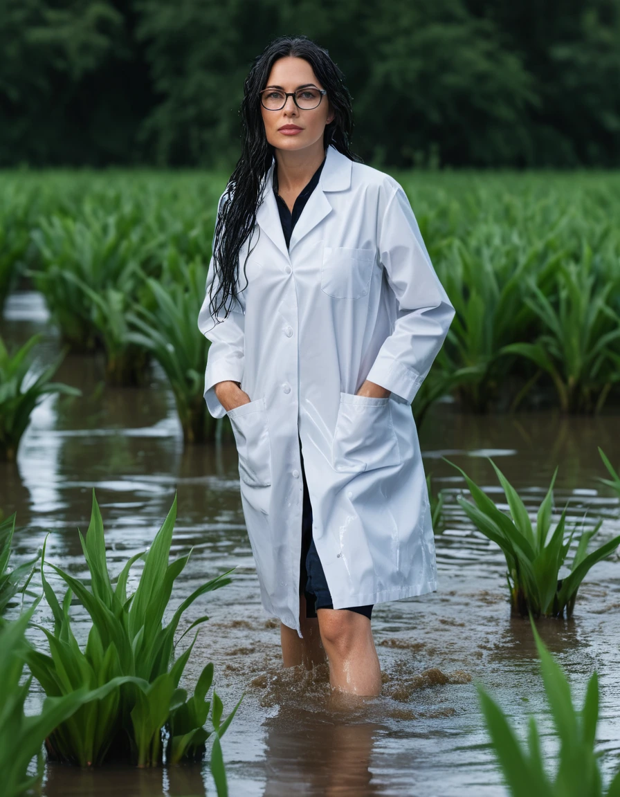 photo of young woman, in soaking wet, drenched clothes,
office shoes , white midi labcoat with long sleeves, white midi labcoat with long sleeves, walking submerged in flooded plant, 
enjoying, wet clothes stuck to body,
detailed textures of the wet clothes, wet face, wet plastered hair,
wet, drenched, professional, high-quality details, full body view.
sharp focus, ultra-high pixel detail, realistic, high-quality, full colors, incredibly detailed, 4k, 8k, 16k, hyper-realistic, RAW photo, masterpiece, ultra-detailed, professionally color graded, professional photograph, woman 51 years old, long black hair, very big and thick lips, office glasses, complete body, open mouth, dry skin, dry clothes, dry fabric