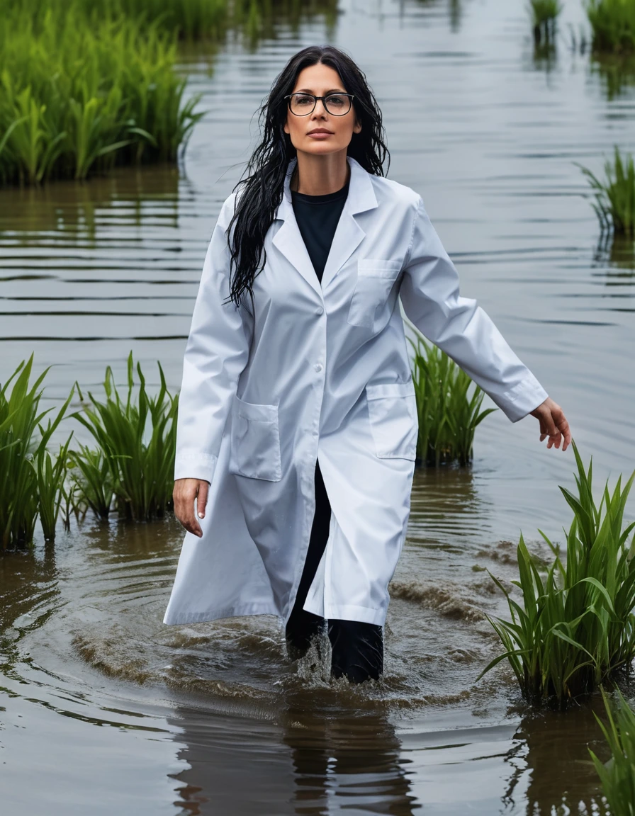 photo of young woman, in soaking wet, drenched clothes,
office shoes , white midi labcoat with long sleeves, white midi labcoat with long sleeves, walking complete submerged in deep flooded plant under hard, 
enjoying, wet clothes stuck to body,
detailed textures of the wet clothes, wet face, wet plastered hair,
wet, drenched, professional, high-quality details, full body view.
sharp focus, ultra-high pixel detail, realistic, high-quality, full colors, incredibly detailed, 4k, 8k, 16k, hyper-realistic, RAW photo, masterpiece, ultra-detailed, professionally color graded, professional photograph, woman 51 years old, long black hair, very big and thick lips, office glasses, complete body, open mouth,, dry skin, dry clothes, dry fabric, dry skin, dry clothes, dry fabric