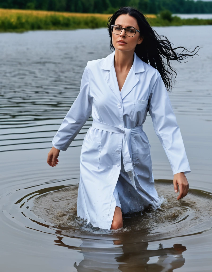 photo of young woman, in soaking wet, drenched clothes,
office shoes , white midi labcoat with long sleeves, white midi labcoat with long sleeves, walking complete submerged under water in deep lake, 
enjoying, wet clothes stuck to body,
detailed textures of the wet clothes, wet face, wet plastered hair,
wet, drenched, professional, high-quality details, full body view.
sharp focus, ultra-high pixel detail, realistic, high-quality, full colors, incredibly detailed, 4k, 8k, 16k, hyper-realistic, RAW photo, masterpiece, ultra-detailed, professionally color graded, professional photograph, woman 51 years old, long black hair, very big and thick lips, office glasses, complete body, open mouth,, dry skin, dry clothes, dry fabric