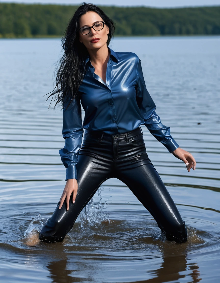 photo of young woman, in soaking wet, drenched clothes,
office shoes , long tight black leather jeans shinning, dark blue satin shirt with long sleeves, walking submerged in sunny lake, 
enjoying, wet clothes stuck to body,
detailed textures of the wet clothes, wet face, wet plastered hair,
wet, drenched, professional, high-quality details, full body view.
sharp focus, ultra-high pixel detail, realistic, high-quality, full colors, incredibly detailed, 4k, 8k, 16k, hyper-realistic, RAW photo, masterpiece, ultra-detailed, professionally color graded, professional photograph, woman 51 years old, long black hair, very big and thick lips, office glasses, complete body, open mouth,, dry skin, dry clothes, dry fabric