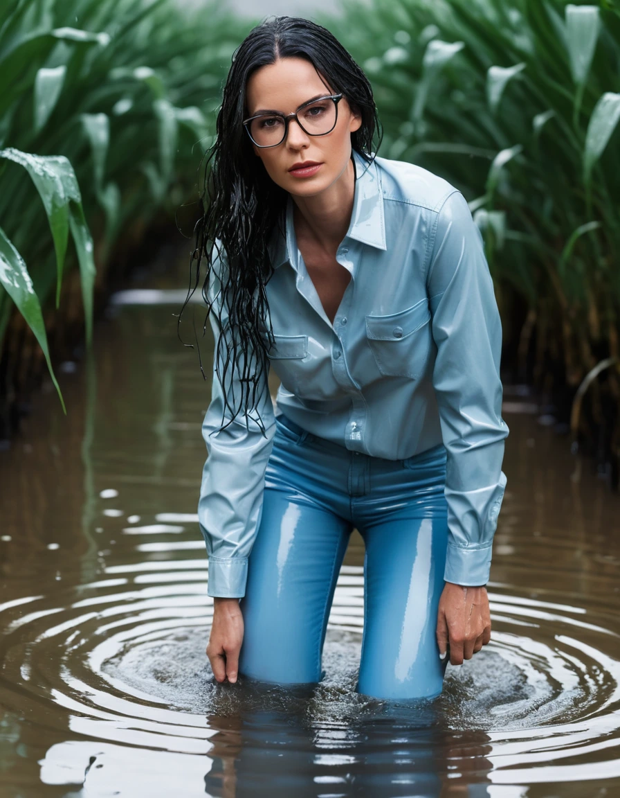 photo of young woman, in soaking wet, drenched clothes,
office shoes , long tight light blue leather jeans shinning, light blue jeans shirt with long sleeves, walking in flooded plant, 
enjoying, wet clothes stuck to body,
detailed textures of the wet clothes, wet face, wet plastered hair,
wet, drenched, professional, high-quality details, full body view.
sharp focus, ultra-high pixel detail, realistic, high-quality, full colors, incredibly detailed, 4k, 8k, 16k, hyper-realistic, RAW photo, masterpiece, ultra-detailed, professionally color graded, professional photograph, woman 51 years old, long black hair, very big and thick lips, office glasses, complete body, open mouth,,, dry skin, dry clothes, dry fabric