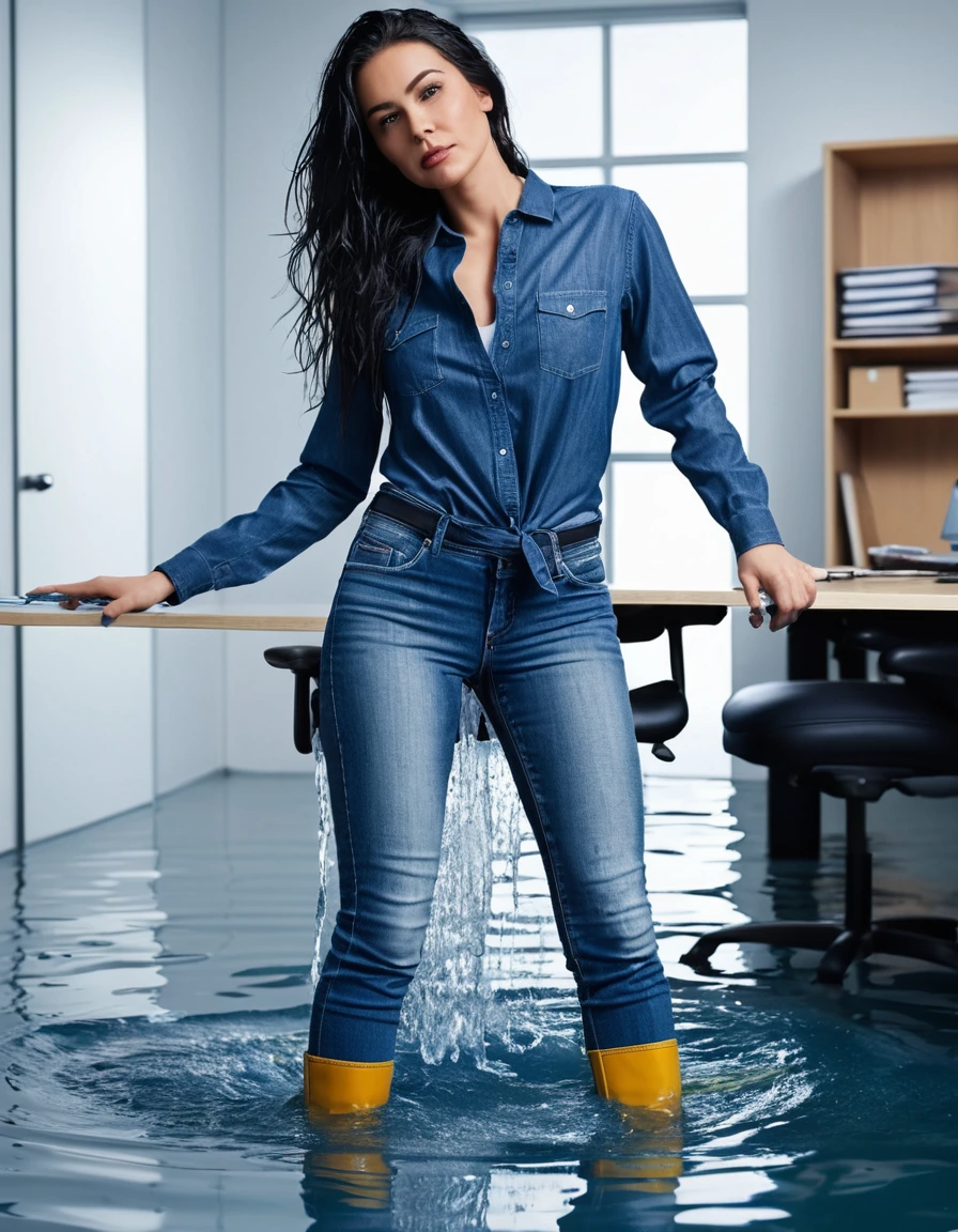 photo of young woman, in soaking wet, drenched clothes,
office shoes , long tight blue jeans shinning, blue jeans shirt with long sleeves, in flooded office room on the swivel chair. Half meter water level in the office, 
enjoying, wet clothes stuck to body,
detailed textures of the wet clothes, wet face, wet plastered hair,
wet, drenched, professional, high-quality details, full body view.
sharp focus, ultra-high pixel detail, realistic, high-quality, full colors, incredibly detailed, 4k, 8k, 16k, hyper-realistic, RAW photo, masterpiece, ultra-detailed, professionally color graded, professional photograph, woman 51 years old, long black hair, very big and thick lips, office glasses, complete body, open mouth, dry skin, dry clothes, dry fabric