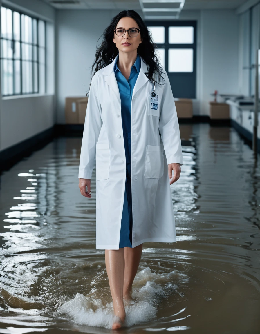 photo of young woman, in soaking wet, drenched clothes,
office shoes , white midi labcoat with long sleeves, white midi labcoat with long sleeves, walking complete submerged in flooded laboratory, 
enjoying, wet clothes stuck to body,
detailed textures of the wet clothes, wet face, wet plastered hair,
wet, drenched, professional, high-quality details, full body view.
sharp focus, ultra-high pixel detail, realistic, high-quality, full colors, incredibly detailed, 4k, 8k, 16k, hyper-realistic, RAW photo, masterpiece, ultra-detailed, professionally color graded, professional photograph, woman 51 years old, long black hair, very big and thick lips, office glasses, complete body, open mouth,, dry skin, dry clothes, dry fabric