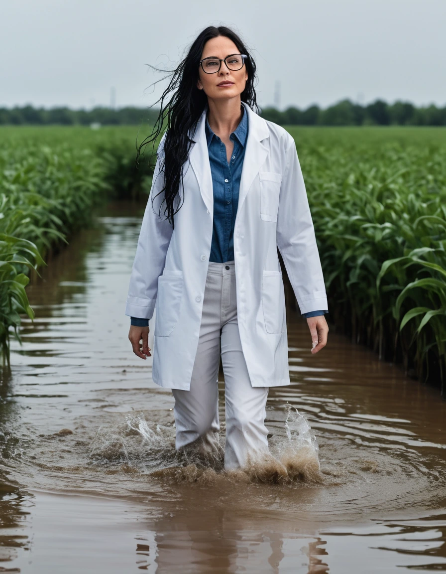 photo of young woman, in soaking wet, drenched clothes,
office shoes , long white jeans shinning, white midi labcoat with long sleeves, walking submerged in flooded plant, 
enjoying, wet clothes stuck to body,
detailed textures of the wet clothes, wet face, wet plastered hair,
wet, drenched, professional, high-quality details, full body view.
sharp focus, ultra-high pixel detail, realistic, high-quality, full colors, incredibly detailed, 4k, 8k, 16k, hyper-realistic, RAW photo, masterpiece, ultra-detailed, professionally color graded, professional photograph, woman 51 years old, long black hair, very big and thick lips, office glasses, complete body, open mouth,, dry skin, dry clothes, dry fabric