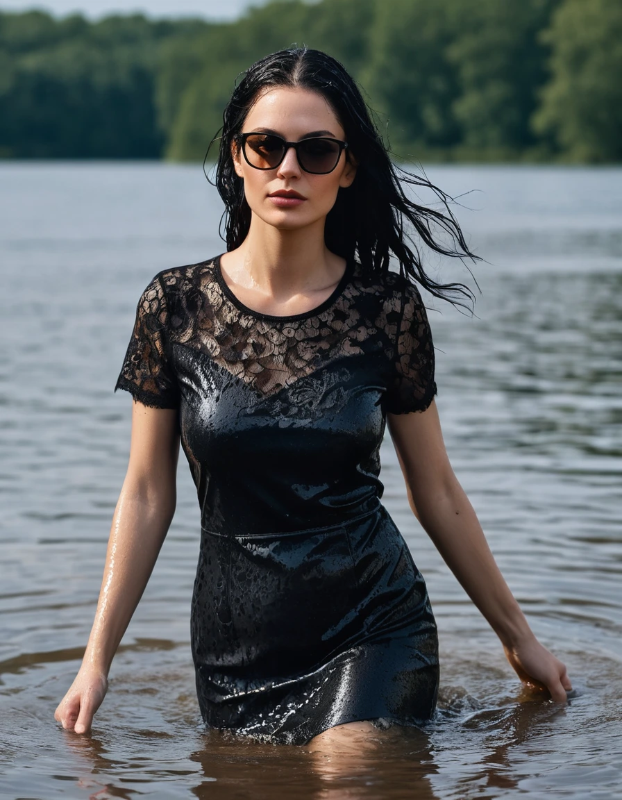 photo of young woman, in soaking wet, drenched clothes,
office shoes , tight midi black lace t-shirt dress with short sleeves, tight midi black lace t-shirt dress with short sleeves, walking submerged in sunny lake, 
enjoying, wet clothes stuck to body,
detailed textures of the wet clothes, wet face, wet plastered hair,
wet, drenched, professional, high-quality details, full body view.
sharp focus, ultra-high pixel detail, realistic, high-quality, full colors, incredibly detailed, 4k, 8k, 16k, hyper-realistic, RAW photo, masterpiece, ultra-detailed, professionally color graded, professional photograph, woman 51 years old, long black hair, very big and thick lips, office glasses, complete body, open mouth, dry skin, dry clothes, dry fabric