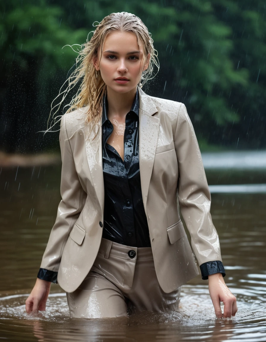 photo of young woman, in soaking wet, drenched clothes,
Beige Long Business Trouser, Beige Business Suit Jacket with Black button down business shirt longsleeve, Clear Mountain lake with heavy rain, 
enjoying, wet clothes stuck to body,
detailed textures of the wet clothes, wet face, wet plastered hair,
wet, drenched, professional, high-quality details, full body view.
sharp focus, ultra-high pixel detail, realistic, high-quality, full colors, incredibly detailed, 4k, 8k, 16k, hyper-realistic, RAW photo, masterpiece, ultra-detailed, professionally color graded, professional photograph, young elegant beautiful white Blonde women, breast deep submerged, under a big rainshower, fully clothed, completely soaked, fully drenched, completely wet, wetlook, heavy rain, side parting, long hair, rain storm, looks confidently into camera, dry skin, dry clothes, dry fabric