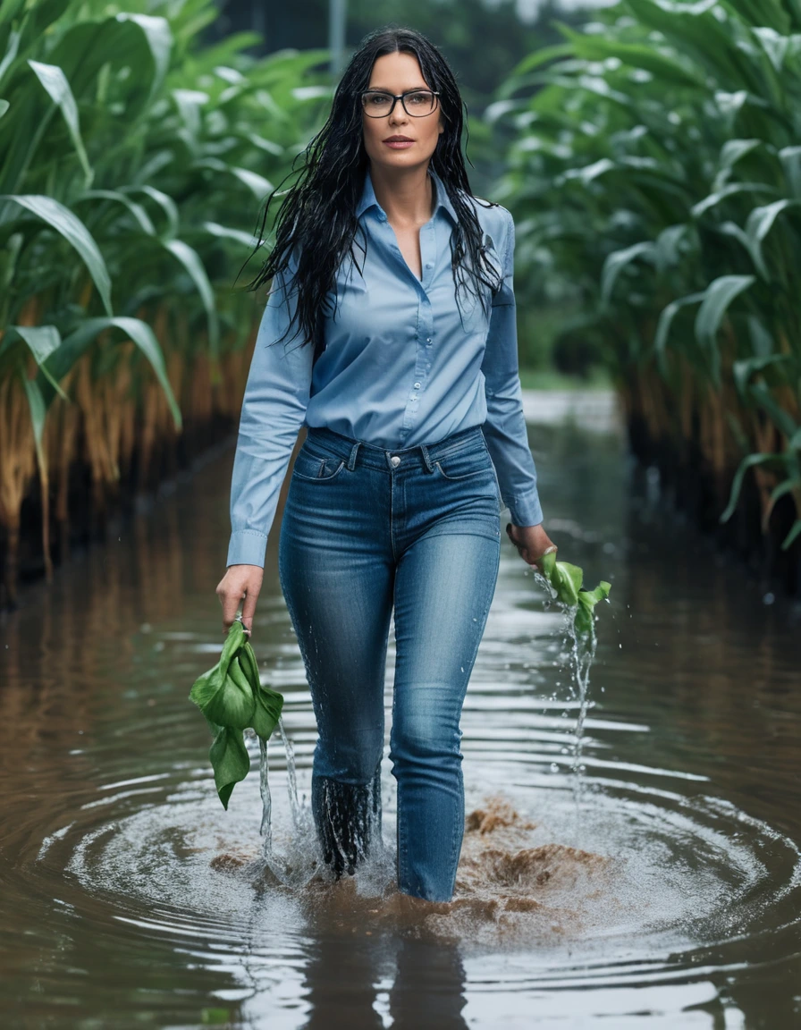 photo of young woman, in soaking wet, drenched clothes,
office shoes , long tight light blue jeans shinning, blue light jeans shirt with long sleeves, walking in flooded plant, 
enjoying, wet clothes stuck to body,
detailed textures of the wet clothes, wet face, wet plastered hair,
wet, drenched, professional, high-quality details, full body view.
sharp focus, ultra-high pixel detail, realistic, high-quality, full colors, incredibly detailed, 4k, 8k, 16k, hyper-realistic, RAW photo, masterpiece, ultra-detailed, professionally color graded, professional photograph, woman 51 years old, long black hair, very big and thick lips, office glasses, complete body, open mouth, dry skin, dry clothes, dry fabric
