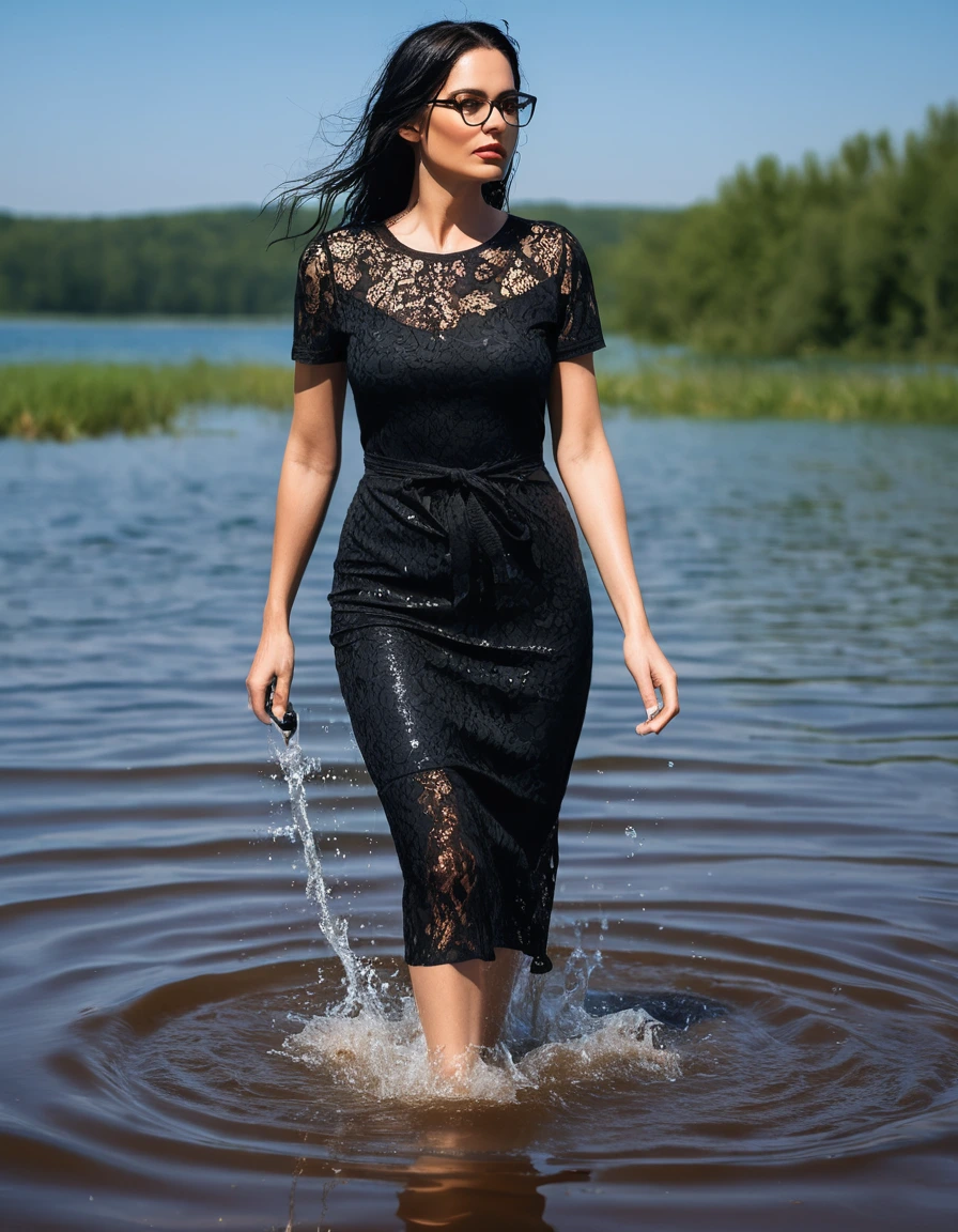 photo of young woman, in soaking wet, drenched clothes,
office shoes , tight midi black lace t-shirt dress with short sleeves, tight midi black lace t-shirt dress with short sleeves, walking submerged in sunny lake, 
enjoying, wet clothes stuck to body,
detailed textures of the wet clothes, wet face, wet plastered hair,
wet, drenched, professional, high-quality details, full body view.
sharp focus, ultra-high pixel detail, realistic, high-quality, full colors, incredibly detailed, 4k, 8k, 16k, hyper-realistic, RAW photo, masterpiece, ultra-detailed, professionally color graded, professional photograph, woman 51 years old, long black hair, very big and thick lips, office glasses, complete body, open mouth, dry skin, dry clothes, dry fabric