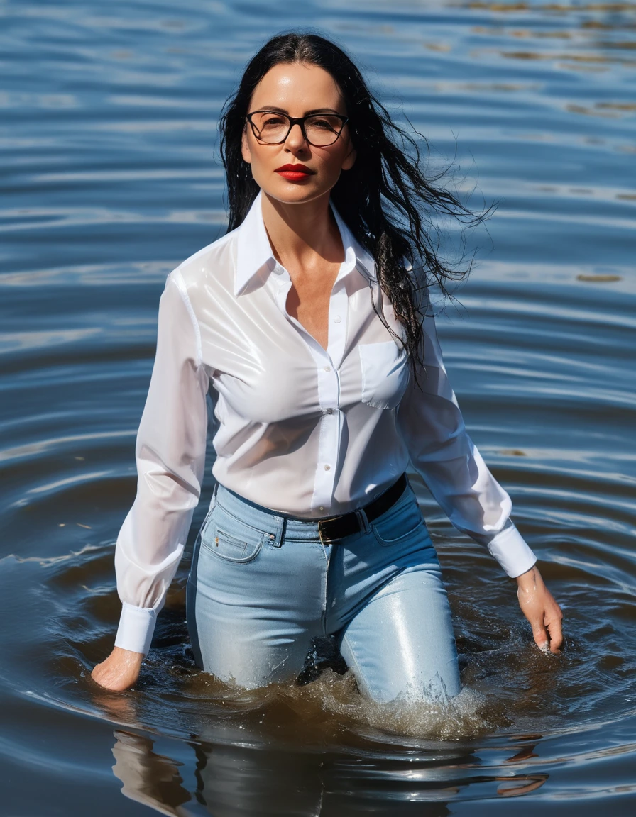 photo of young woman, in soaking wet, drenched clothes,
office shoes , long tight light blue leather jeans shinning, white satin shirt with long sleeves, walking submerged in sunny lake, 
enjoying, wet clothes stuck to body,
detailed textures of the wet clothes, wet face, wet plastered hair,
wet, drenched, professional, high-quality details, full body view.
sharp focus, ultra-high pixel detail, realistic, high-quality, full colors, incredibly detailed, 4k, 8k, 16k, hyper-realistic, RAW photo, masterpiece, ultra-detailed, professionally color graded, professional photograph, woman 51 years old, long black hair, very big and thick lips, office glasses, complete body, open mouth, dry skin, dry clothes, dry fabric