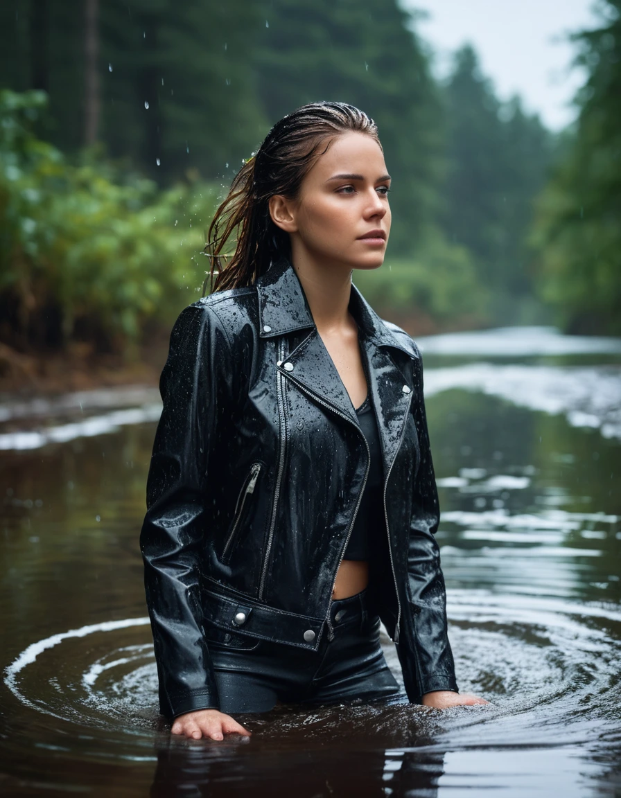 photo of young woman, in soaking wet, drenched clothes,
Black leather ankle boots, soaked and glistening , skin tight black leather jeans, saturated, black long sleeve leather shirt, black bikers leather jacket , snow covered forest, lying sbmerged in a river, head and sholders above the water, drenched, close up, 
enjoying, wet clothes stuck to body,
detailed textures of the wet clothes, wet face, wet plastered hair,
wet, drenched, professional, high-quality details, full body view.
sharp focus, ultra-high pixel detail, realistic, high-quality, full colors, incredibly detailed, 4k, 8k, 16k, hyper-realistic, RAW photo, masterpiece, ultra-detailed, professionally color graded, professional photograph, intense wind-driven rain, hyper-realistic water droplets, cinematic rim lighting, fabric transparency, high-fashion editorial aesthetic, drenched hair, dry skin, dry clothes, dry fabric