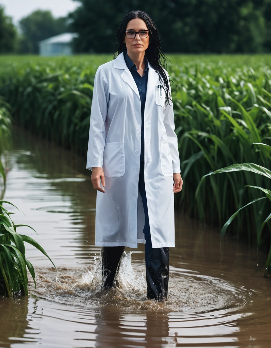 photo of young woman, in soaking wet, drenched clothes,
office shoes , white midi labcoat with long sleeves, white midi labcoat with long sleeves, walking complete submerged in flooded plant, 
enjoying, wet clothes stuck to body,
detailed textures of the wet clothes, wet face, wet plastered hair,
wet, drenched, professional, high-quality details, full body view.
sharp focus, ultra-high pixel detail, realistic, high-quality, full colors, incredibly detailed, 4k, 8k, 16k, hyper-realistic, RAW photo, masterpiece, ultra-detailed, professionally color graded, professional photograph, woman 51 years old, long black hair, very big and thick lips, office glasses, complete body, open mouth,, dry skin, dry clothes, dry fabric