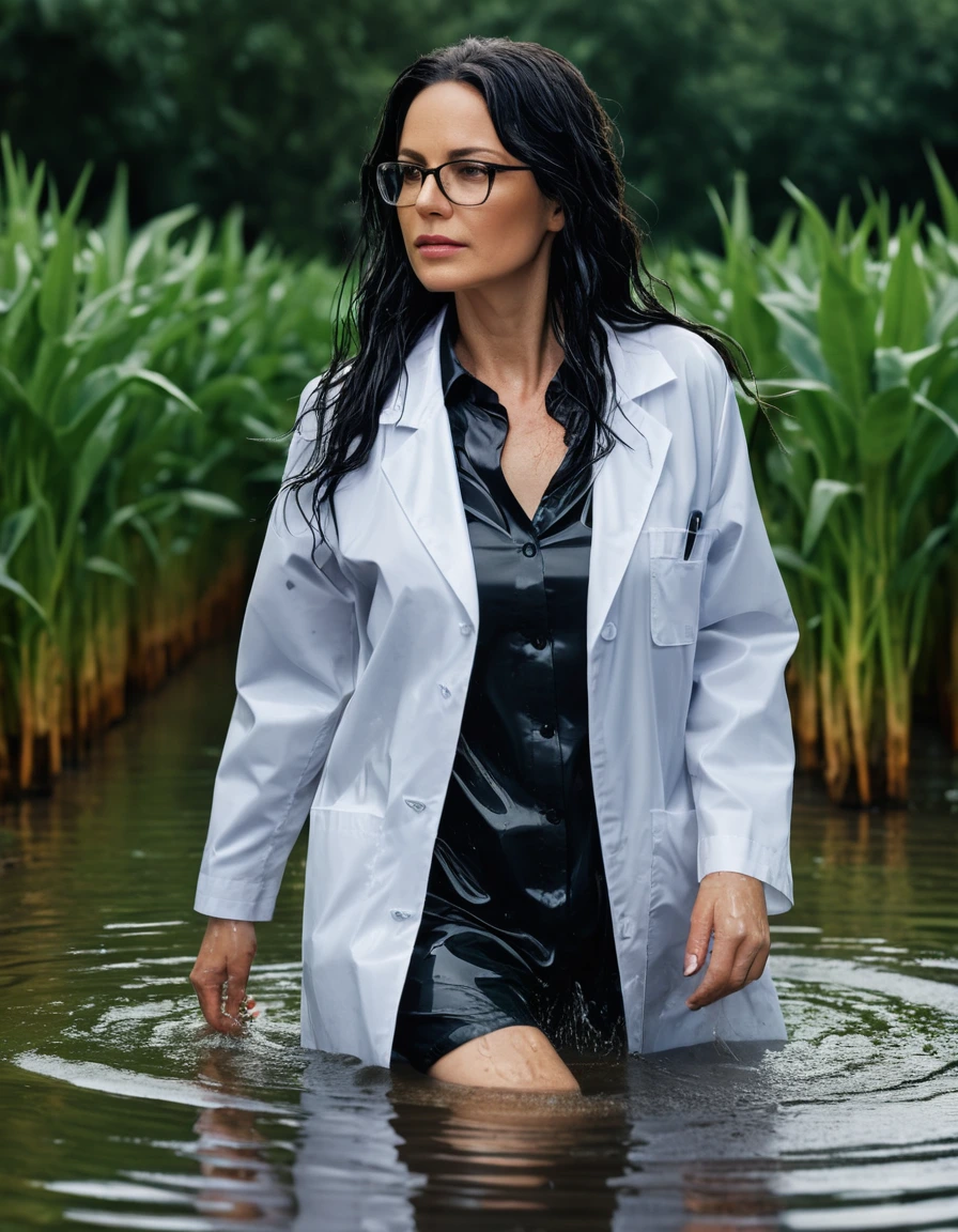 photo of young woman, in soaking wet, drenched clothes,
office shoes , white midi labcoat with long sleeves, white midi labcoat with long sleeves, walking complete submerged in flooded plant, 
enjoying, wet clothes stuck to body,
detailed textures of the wet clothes, wet face, wet plastered hair,
wet, drenched, professional, high-quality details, full body view.
sharp focus, ultra-high pixel detail, realistic, high-quality, full colors, incredibly detailed, 4k, 8k, 16k, hyper-realistic, RAW photo, masterpiece, ultra-detailed, professionally color graded, professional photograph, woman 51 years old, long black hair, very big and thick lips, office glasses, complete body, open mouth,, dry skin, dry clothes, dry fabric