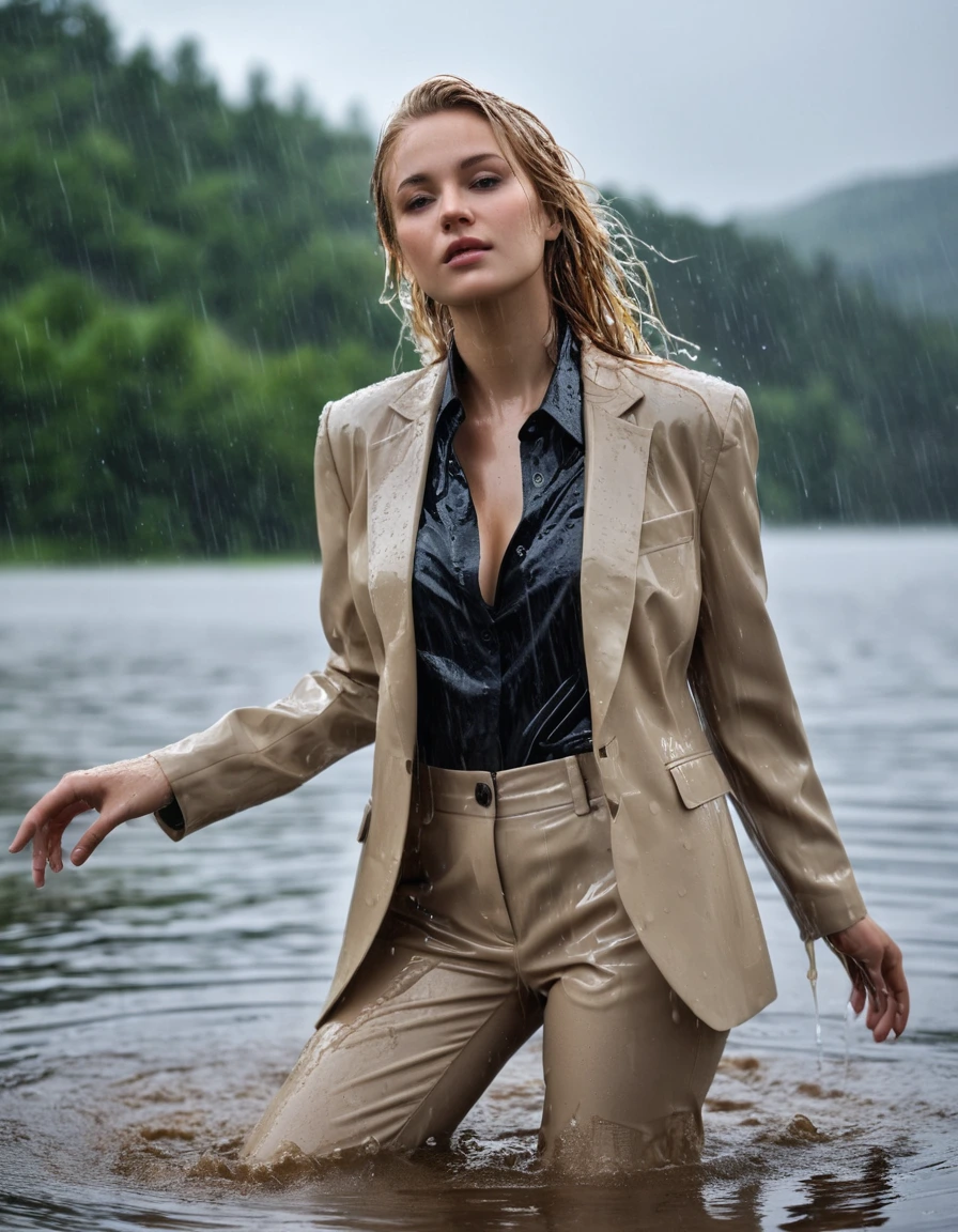 photo of young woman, in soaking wet, drenched clothes,
Beige Long Business Trouser, Beige Business Suit Jacket with Black button down business shirt longsleeve, Clear Mountain lake with heavy rain, 
enjoying, wet clothes stuck to body,
detailed textures of the wet clothes, wet face, wet plastered hair,
wet, drenched, professional, high-quality details, full body view.
sharp focus, ultra-high pixel detail, realistic, high-quality, full colors, incredibly detailed, 4k, 8k, 16k, hyper-realistic, RAW photo, masterpiece, ultra-detailed, professionally color graded, professional photograph, young elegant beautiful white Blonde women, breast deep submerged, under a big rainshower, fully clothed, completely soaked, fully drenched, completely wet, wetlook, heavy rain, side parting, long hair, rain storm, looks confidently into camera, dry skin, dry clothes, dry fabric