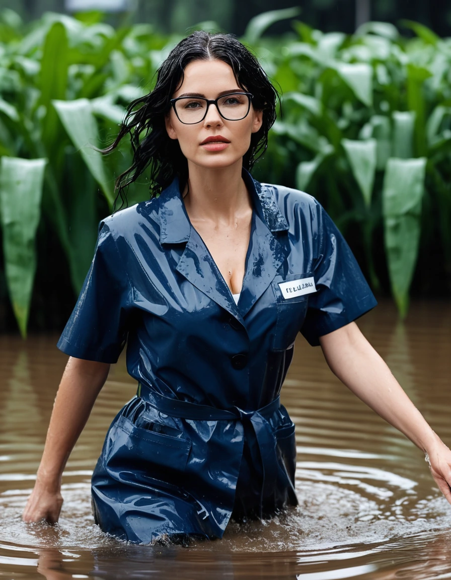 photo of young woman, in soaking wet, drenched clothes,
office shoes , dark blue midi labcoat with short sleeves, dark blue midi labcoat with short sleeves, walking submerged in flooded plant, 
enjoying, wet clothes stuck to body,
detailed textures of the wet clothes, wet face, wet plastered hair,
wet, drenched, professional, high-quality details, full body view.
sharp focus, ultra-high pixel detail, realistic, high-quality, full colors, incredibly detailed, 4k, 8k, 16k, hyper-realistic, RAW photo, masterpiece, ultra-detailed, professionally color graded, professional photograph, woman 51 years old, long black hair, very big and thick lips, office glasses, complete body, open mouth, dry skin, dry clothes, dry fabric