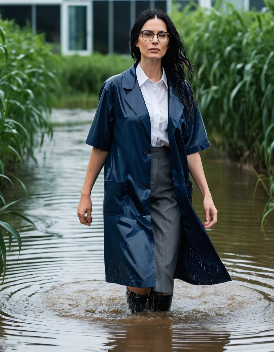 photo of young woman, in soaking wet, drenched clothes,
office shoes , dark blue midi labcoat with short sleeves, dark blue midi labcoat with short sleeves, walking submerged in flooded plant, 
enjoying, wet clothes stuck to body,
detailed textures of the wet clothes, wet face, wet plastered hair,
wet, drenched, professional, high-quality details, full body view.
sharp focus, ultra-high pixel detail, realistic, high-quality, full colors, incredibly detailed, 4k, 8k, 16k, hyper-realistic, RAW photo, masterpiece, ultra-detailed, professionally color graded, professional photograph, woman 51 years old, long black hair, very big and thick lips, office glasses, complete body, open mouth,, dry skin, dry clothes, dry fabric
