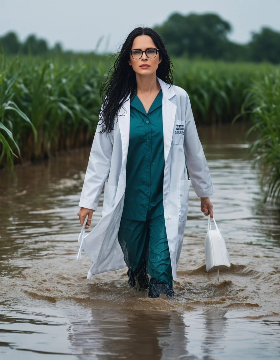 photo of young woman, in soaking wet, drenched clothes,
office shoes , white midi labcoat with long sleeves, white midi labcoat with long sleeves, walking complete submerged in deep flooded plant, 
enjoying, wet clothes stuck to body,
detailed textures of the wet clothes, wet face, wet plastered hair,
wet, drenched, professional, high-quality details, full body view.
sharp focus, ultra-high pixel detail, realistic, high-quality, full colors, incredibly detailed, 4k, 8k, 16k, hyper-realistic, RAW photo, masterpiece, ultra-detailed, professionally color graded, professional photograph, woman 51 years old, long black hair, very big and thick lips, office glasses, complete body, open mouth,, dry skin, dry clothes, dry fabric