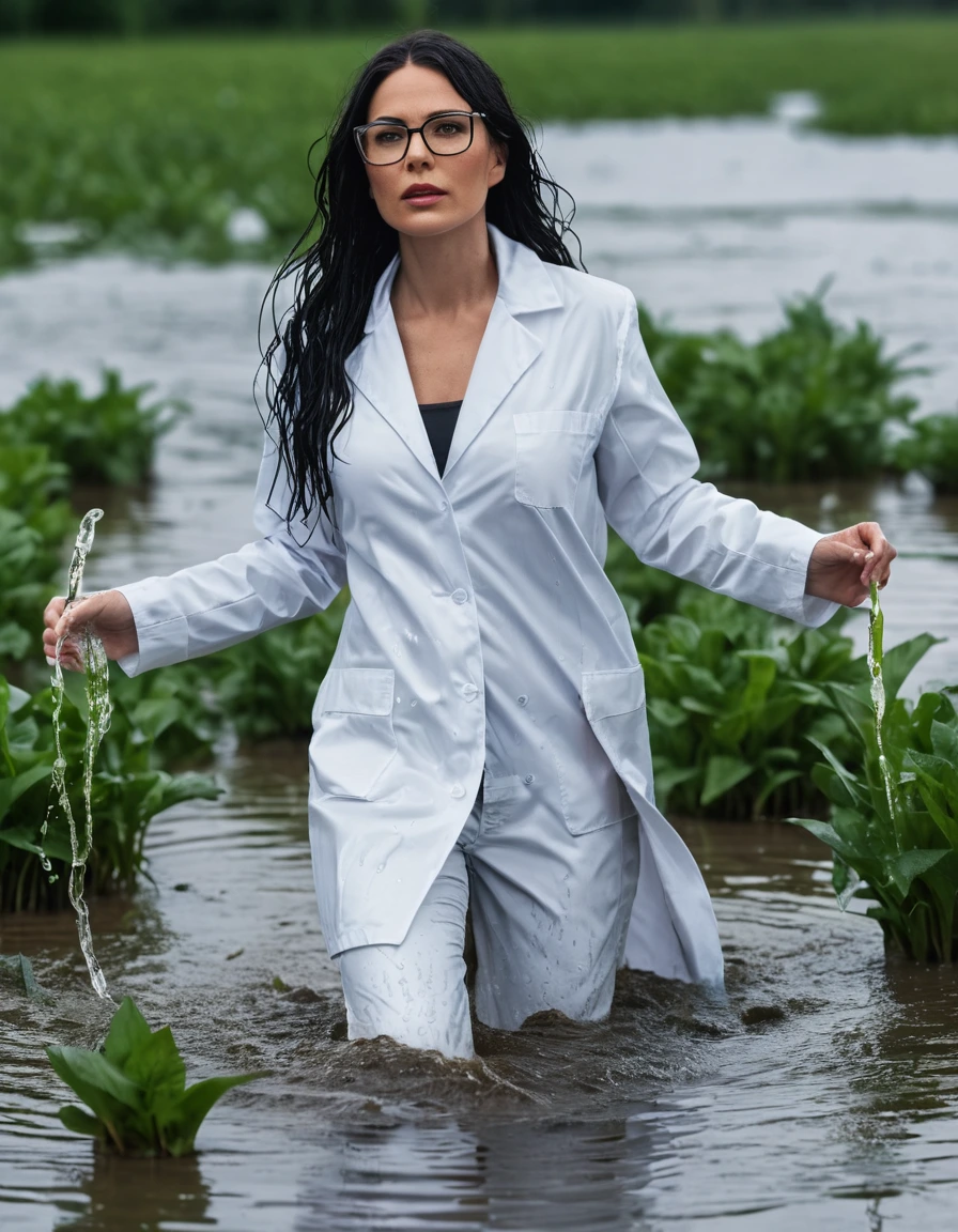 photo of young woman, in soaking wet, drenched clothes,
office shoes , long white jeans shinning, white midi labcoat with long sleeves, walking submerged in flooded plant, 
enjoying, wet clothes stuck to body,
detailed textures of the wet clothes, wet face, wet plastered hair,
wet, drenched, professional, high-quality details, full body view.
sharp focus, ultra-high pixel detail, realistic, high-quality, full colors, incredibly detailed, 4k, 8k, 16k, hyper-realistic, RAW photo, masterpiece, ultra-detailed, professionally color graded, professional photograph, woman 51 years old, long black hair, very big and thick lips, office glasses, complete body, open mouth,, dry skin, dry clothes, dry fabric