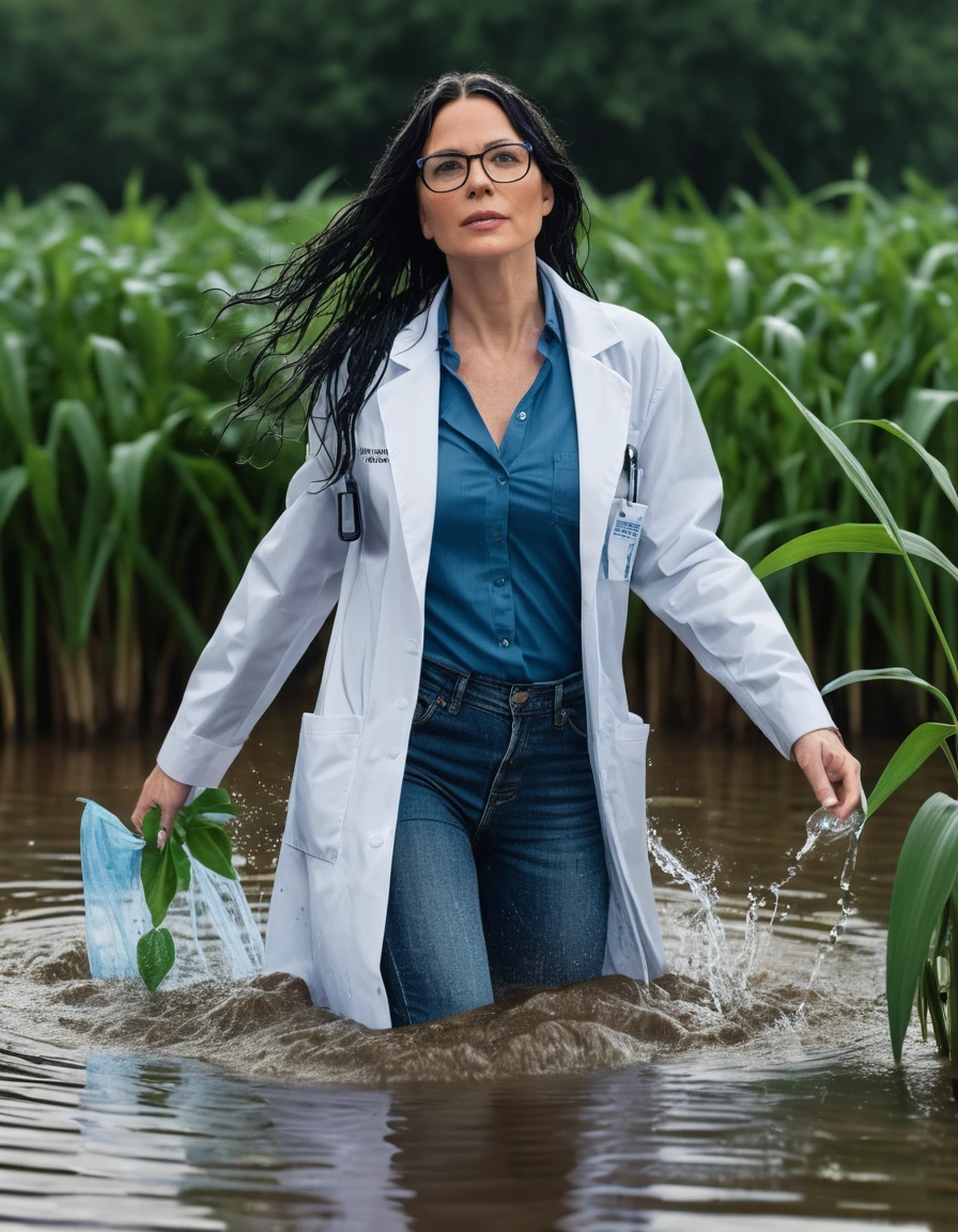 photo of young woman, in soaking wet, drenched clothes,
office shoes , long blue jeans shinning, white labcoat with long sleeves, walking submerged in flooded plant, 
enjoying, wet clothes stuck to body,
detailed textures of the wet clothes, wet face, wet plastered hair,
wet, drenched, professional, high-quality details, full body view.
sharp focus, ultra-high pixel detail, realistic, high-quality, full colors, incredibly detailed, 4k, 8k, 16k, hyper-realistic, RAW photo, masterpiece, ultra-detailed, professionally color graded, professional photograph, woman 51 years old, long black hair, very big and thick lips, office glasses, complete body, open mouth,, dry skin, dry clothes, dry fabric