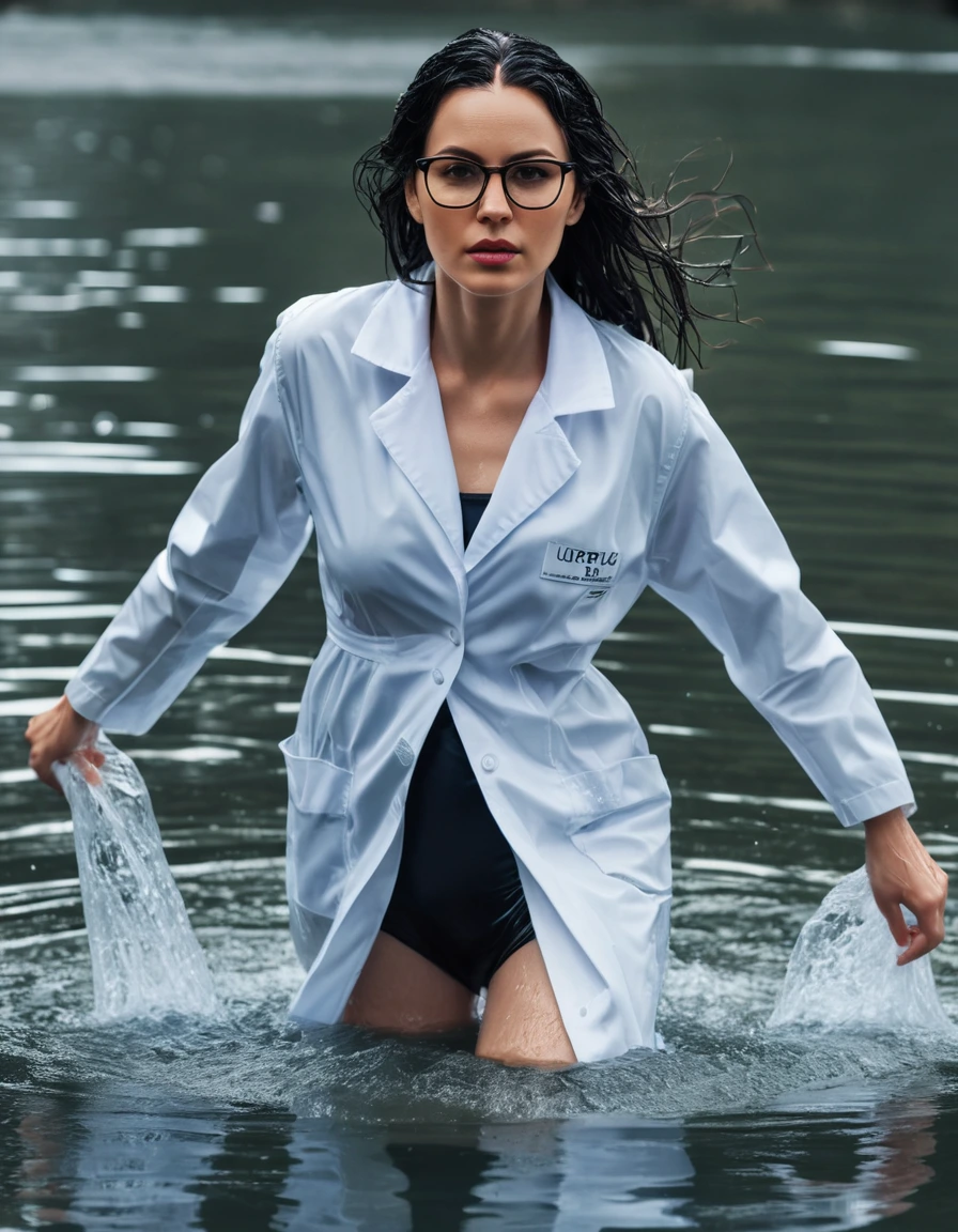 photo of young woman, in soaking wet, drenched clothes,
office shoes , white midi labcoat with long sleeves, white midi labcoat with long sleeves, walking complete submerged under water in deep lake, 
enjoying, wet clothes stuck to body,
detailed textures of the wet clothes, wet face, wet plastered hair,
wet, drenched, professional, high-quality details, full body view.
sharp focus, ultra-high pixel detail, realistic, high-quality, full colors, incredibly detailed, 4k, 8k, 16k, hyper-realistic, RAW photo, masterpiece, ultra-detailed, professionally color graded, professional photograph, woman 51 years old, long black hair, very big and thick lips, office glasses, complete body, open mouth,, dry skin, dry clothes, dry fabric