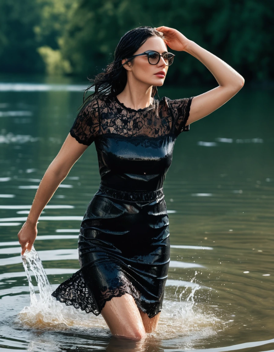 photo of young woman, in soaking wet, drenched clothes,
office shoes , tight midi black lace t-shirt dress with short sleeves, tight midi black lace t-shirt dress with short sleeves, walking submerged in sunny lake, 
enjoying, wet clothes stuck to body,
detailed textures of the wet clothes, wet face, wet plastered hair,
wet, drenched, professional, high-quality details, full body view.
sharp focus, ultra-high pixel detail, realistic, high-quality, full colors, incredibly detailed, 4k, 8k, 16k, hyper-realistic, RAW photo, masterpiece, ultra-detailed, professionally color graded, professional photograph, woman 51 years old, long black hair, very big and thick lips, office glasses, complete body, open mouth, dry skin, dry clothes, dry fabric