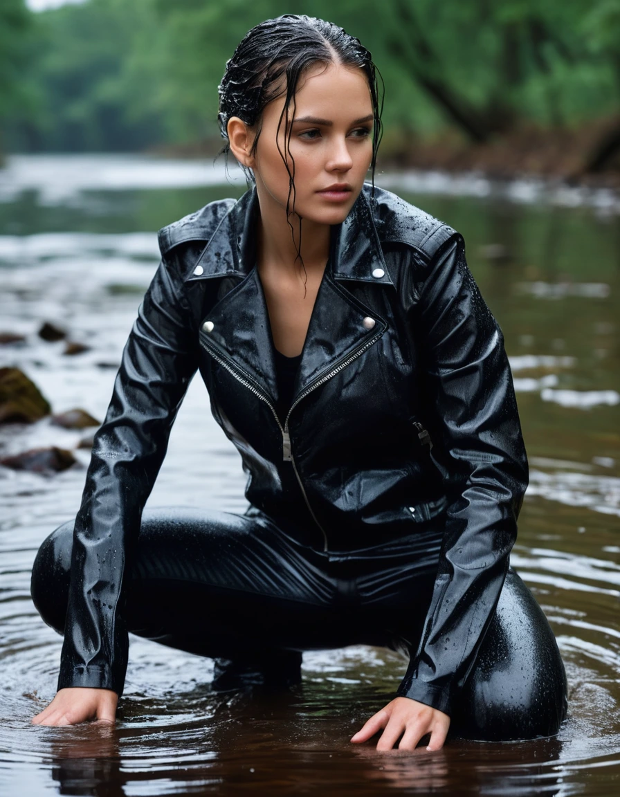 photo of young woman, in soaking wet, drenched clothes,
Black leather ankle boots, soaked and glistening , skin tight black leather jeans, saturated, black long sleeve leather shirt, black bikers leather jacket , snow covered forest, lying sbmerged in a river, head and sholders above the water, drenched, close up, 
enjoying, wet clothes stuck to body,
detailed textures of the wet clothes, wet face, wet plastered hair,
wet, drenched, professional, high-quality details, full body view.
sharp focus, ultra-high pixel detail, realistic, high-quality, full colors, incredibly detailed, 4k, 8k, 16k, hyper-realistic, RAW photo, masterpiece, ultra-detailed, professionally color graded, professional photograph, intense wind-driven rain, hyper-realistic water droplets, cinematic rim lighting, fabric transparency, high-fashion editorial aesthetic, drenched hair, dry skin, dry clothes, dry fabric